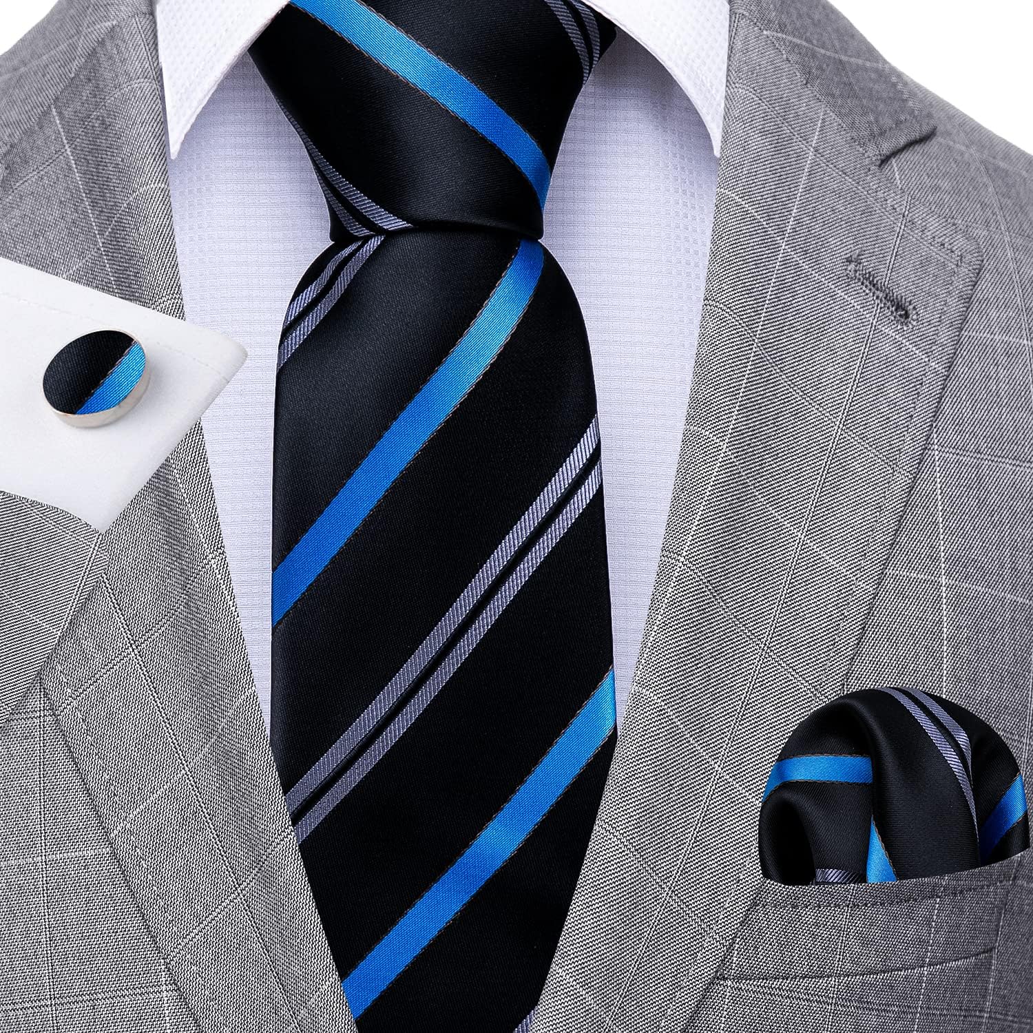 Barry.Wang Plaid Ties for Men Silk Necktie Handkerchief Cuff Links Set
