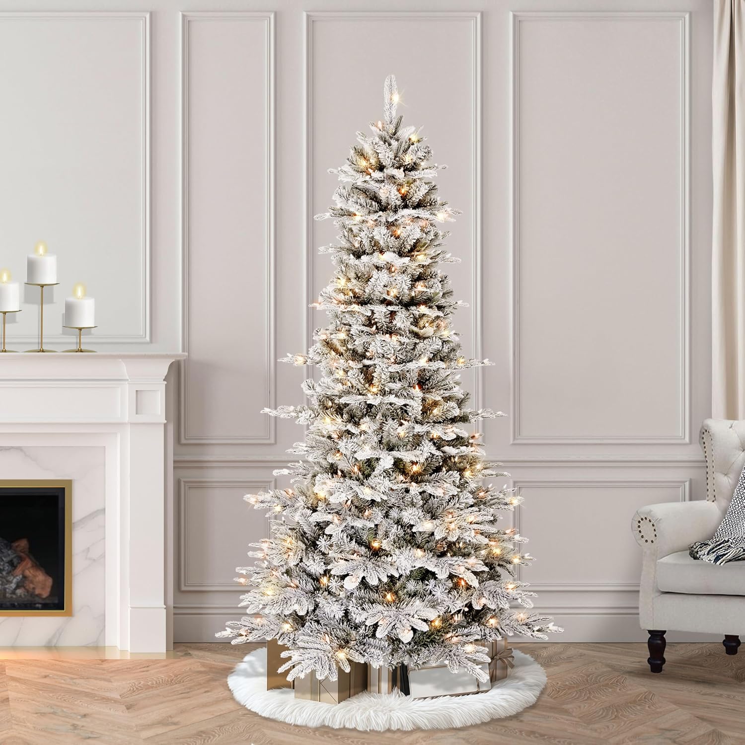 Puleo International 7.5ft Pre-Lit Slim Flocked Aspen Fir Christmas Tree with 450 Clear Lights, 1016 Realistic Dense Snow Flocked Branch Tips, Easy Setup Artificial Trees with Sturdy Metal Stand