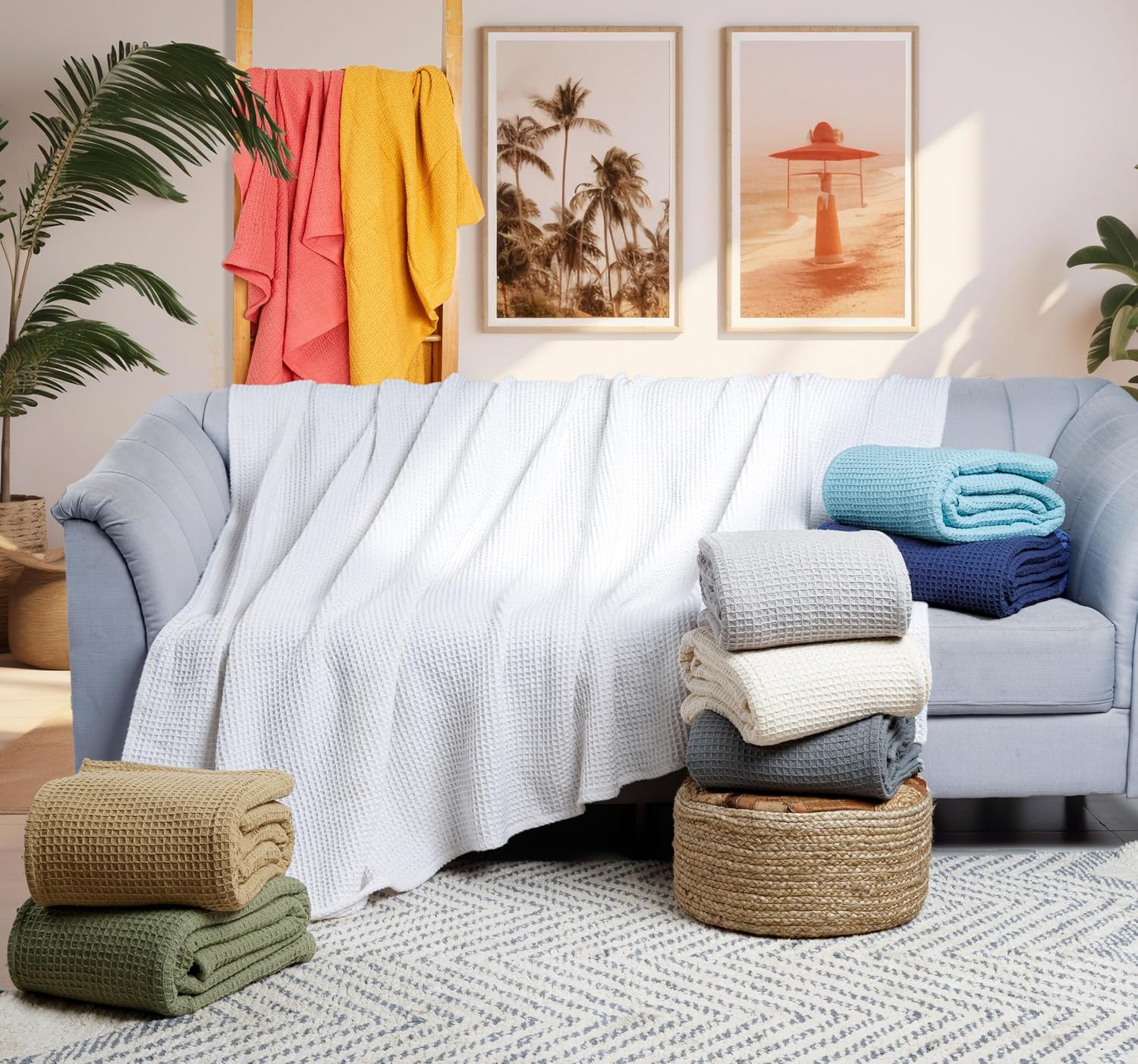 Tex Trend 100% Cotton Waffle Weave Blanket Queen Size - Soft, Breathable Cooling Blanket for Bed, Lightweight Cozy Summer & Spring Bedding, Grey, 90x90