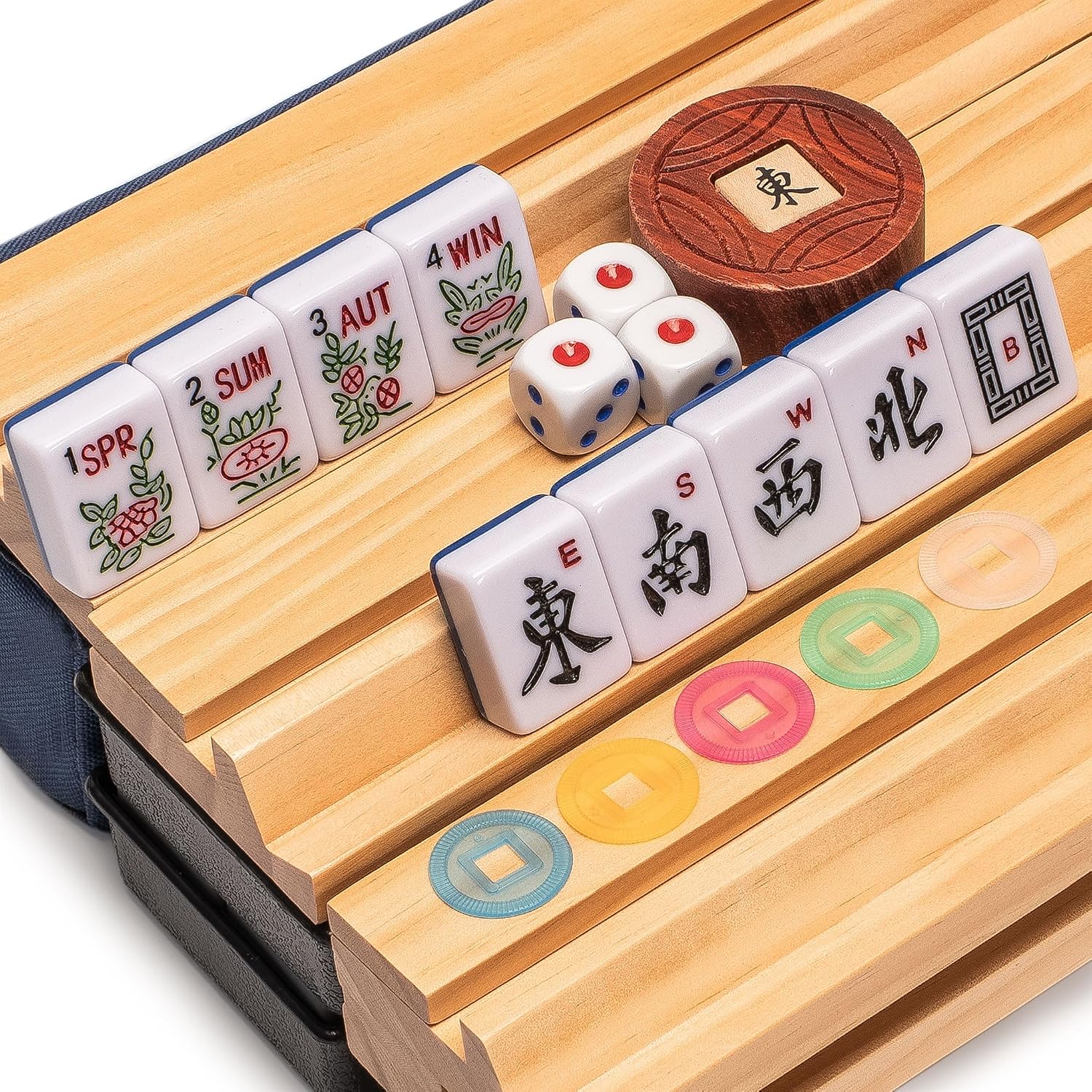 Yellow Mountain Imports American Mahjong Set, Mojave (Ivory) with Brown Soft Case, All-in-One Racks with Pushers, Wright Patterson Scoring Coins, Dice, & Wind Indicator