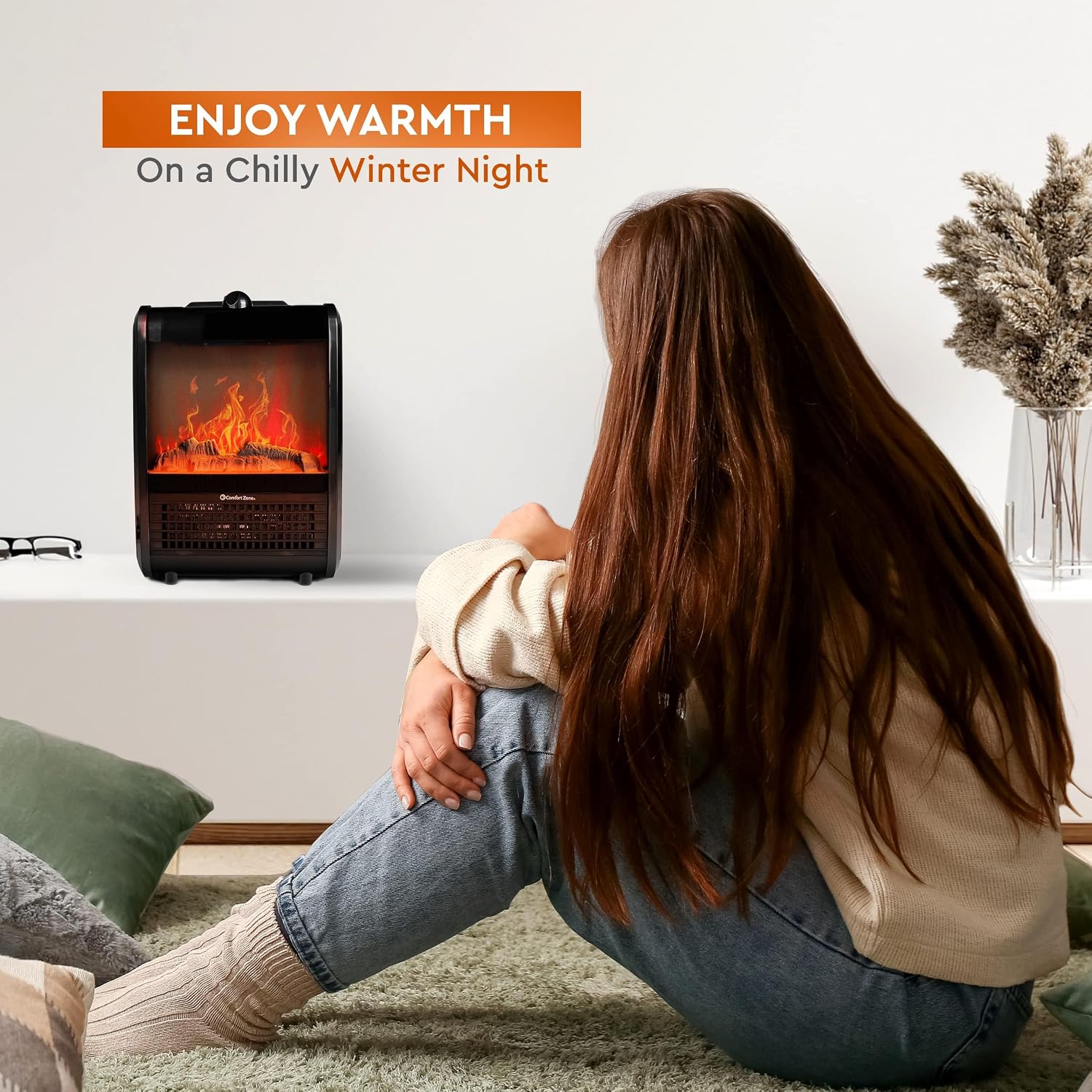 Comfort Zone Electric Mini Fireplace Space Heater with Realistic 3D Flame, Stay-Cool Body, Carry Handle, Overheat Sensor, and Safety Tip-Over Switch, Ideal for Home, Bedroom, & Office, 1,200W, CZFP1