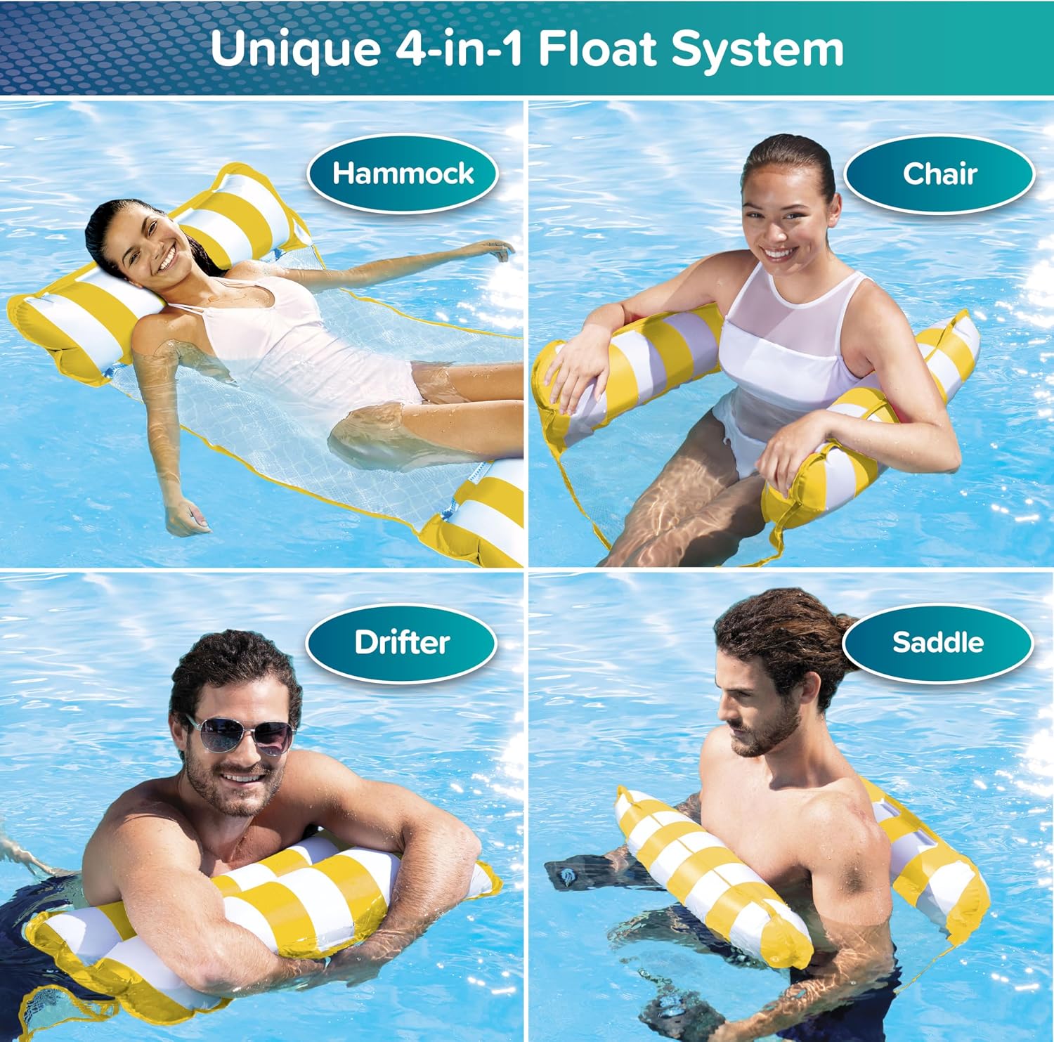 Aqua 4-in-1 Monterey Hammock Pool Float & Water Hammocks – 2-3-4 Multipacks – Multiple Colors/Styles – for Adults and Kids Floating