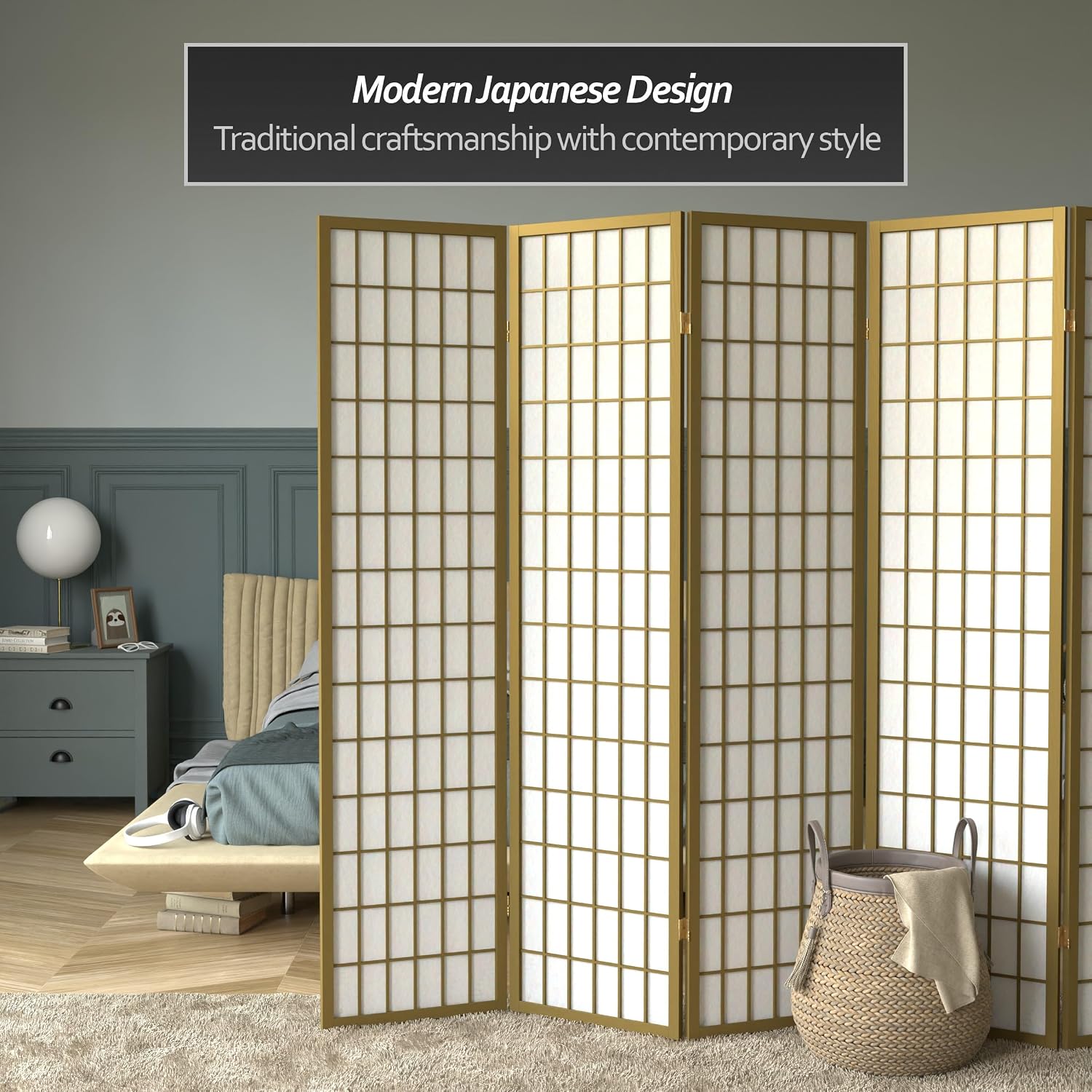 Red Lantern 6 ft. Tall Window Pane Shoji Screen - Walnut - 5 Panels