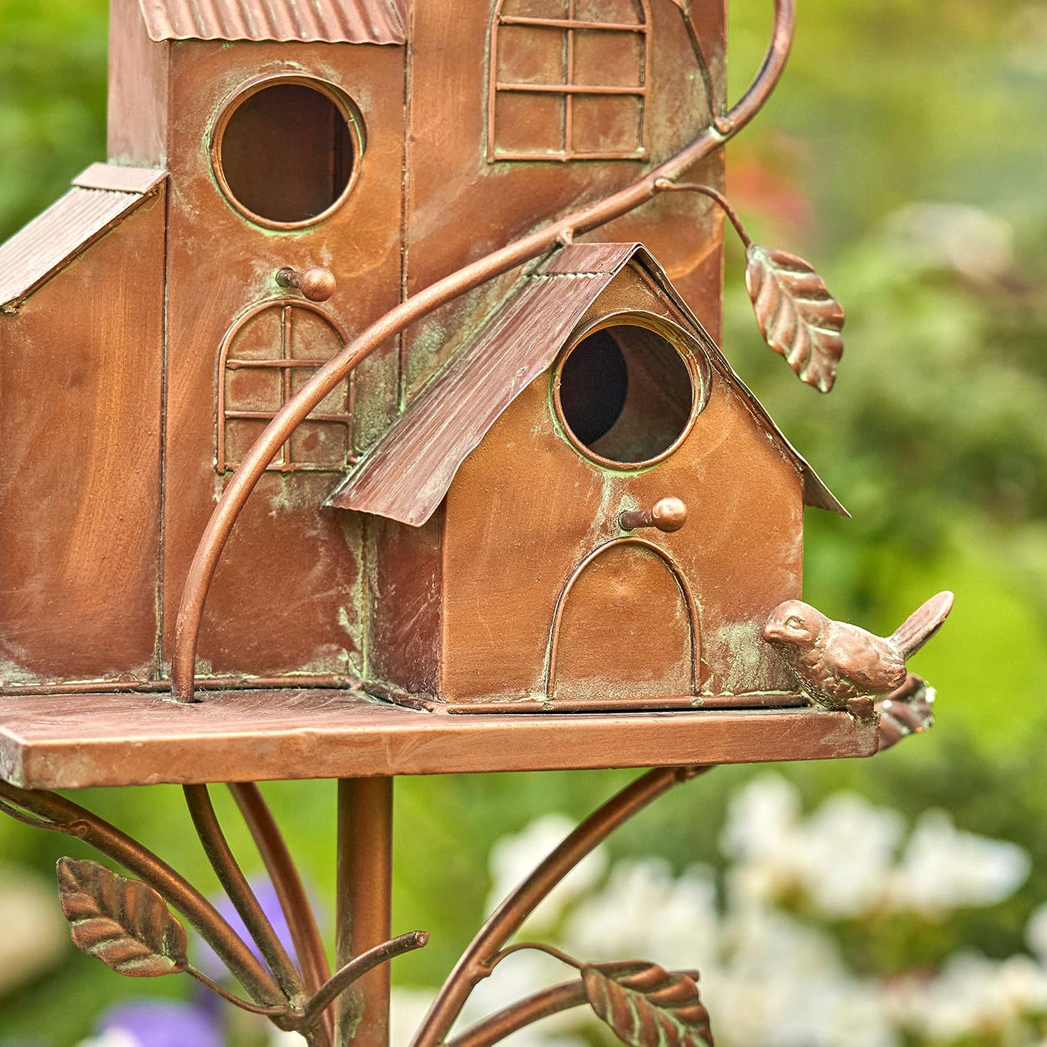 Large Copper Colored Multi-Birdhouse Stakes, Room for 4 Bird Families in Each (Cube Homes with Pyramid Roofs)