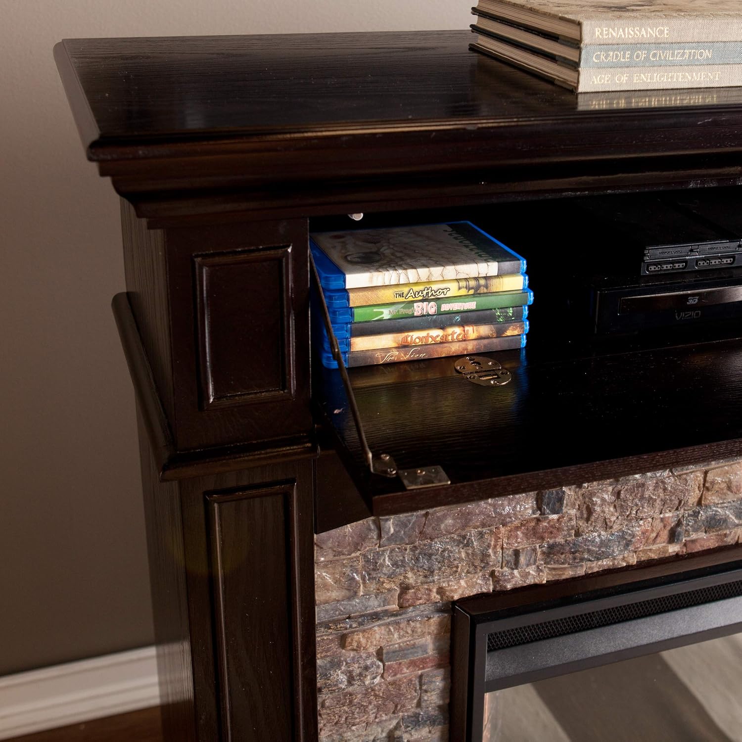 SEI Furniture - Grantham Convertible Touch Screen Electric Fireplace - Transitional Design, Brown Glass and Wood - Ideal for Living Room