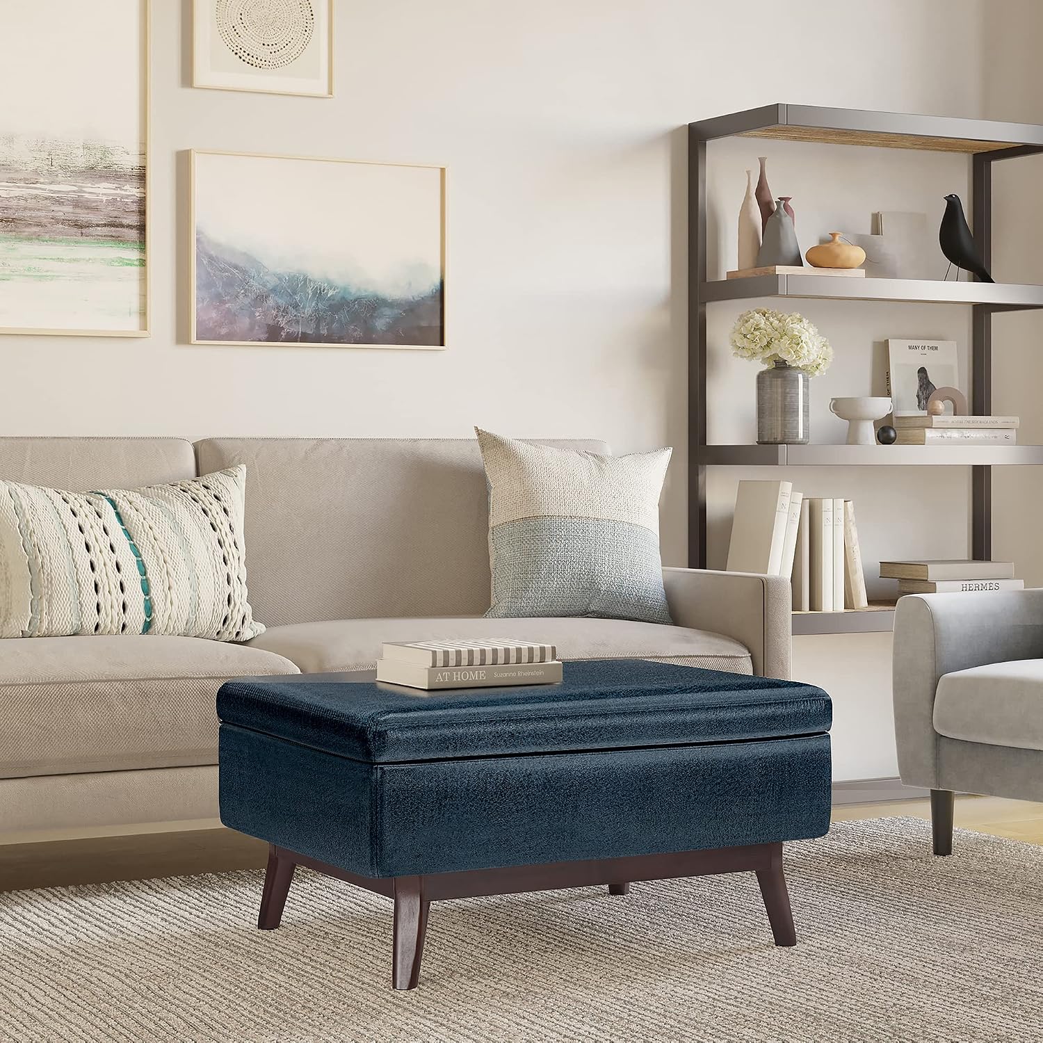 SIMPLIHOME Owen 34" Wide Vegan Leather Lift Top Ottoman in Dark Blue
