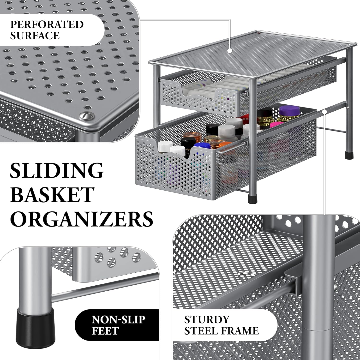 Simple Houseware Stackable 3 Tier Sliding Basket Organizer Drawer, Silver