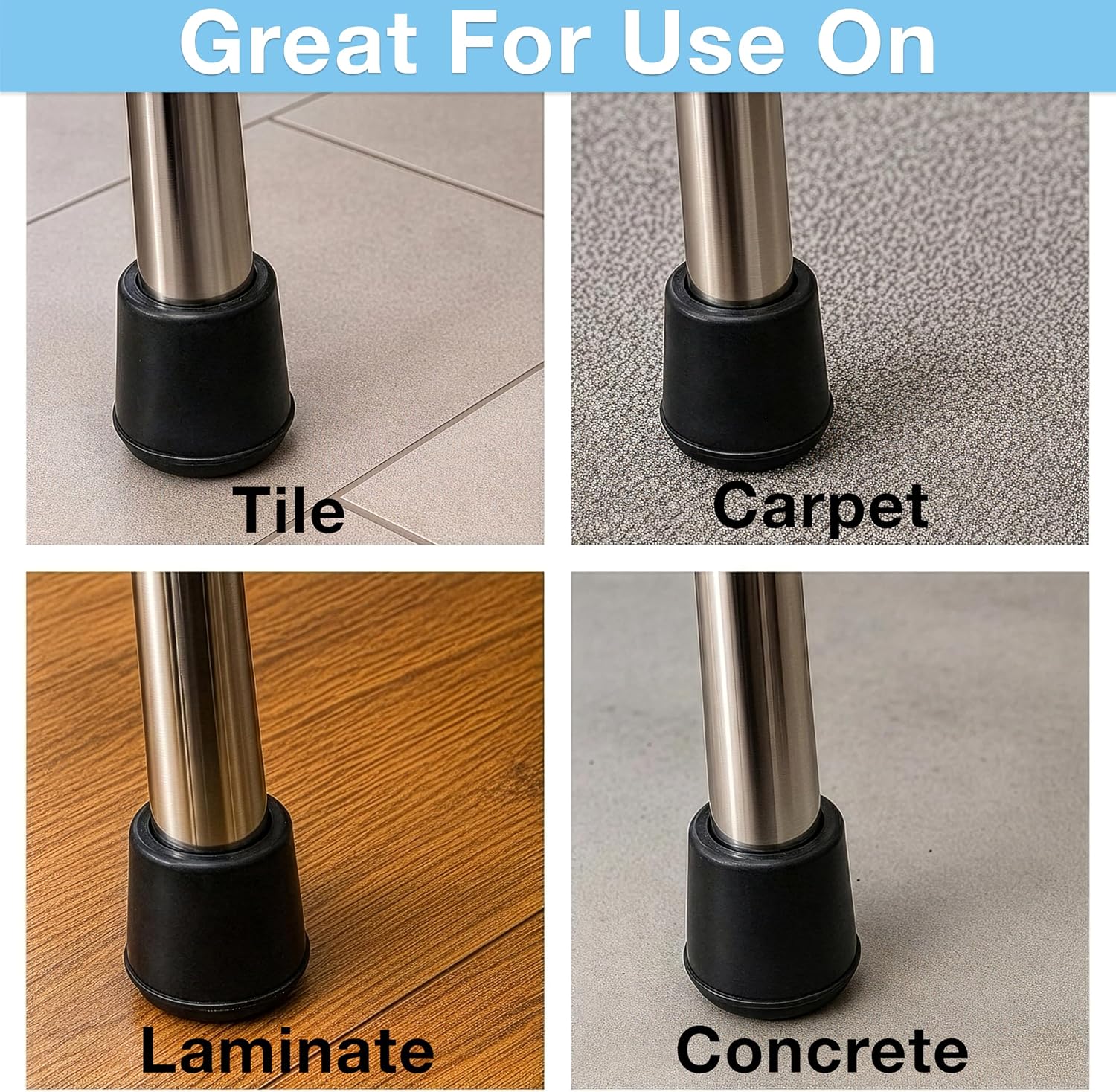SoftTouch 7/8" Round Non-Marking Rubber Slip-On Chair Leg Tips, Nonslip Protective Furniture Leg Caps for Chairs, Stools, and Tables on Hard Surfaces, Set of 4, Black