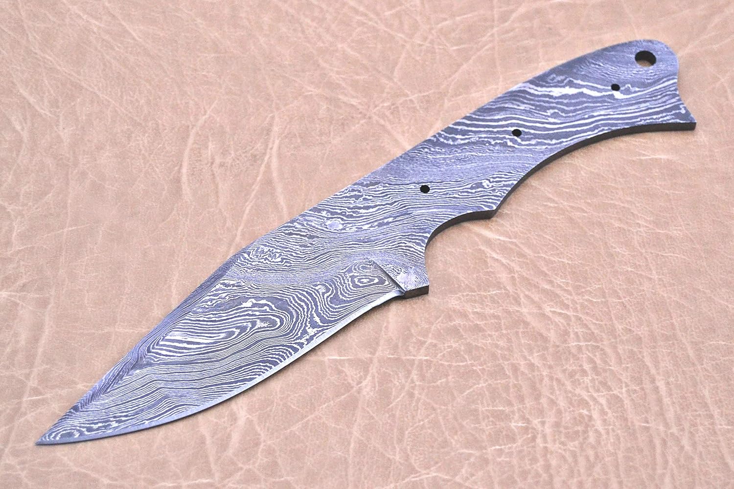 Damascus Steel Blank Blade, 8 inches Long Hand Forged Pocket Knife with 3 Pin Hole & an Inserting Hole Space 4 inches Cutting Edge