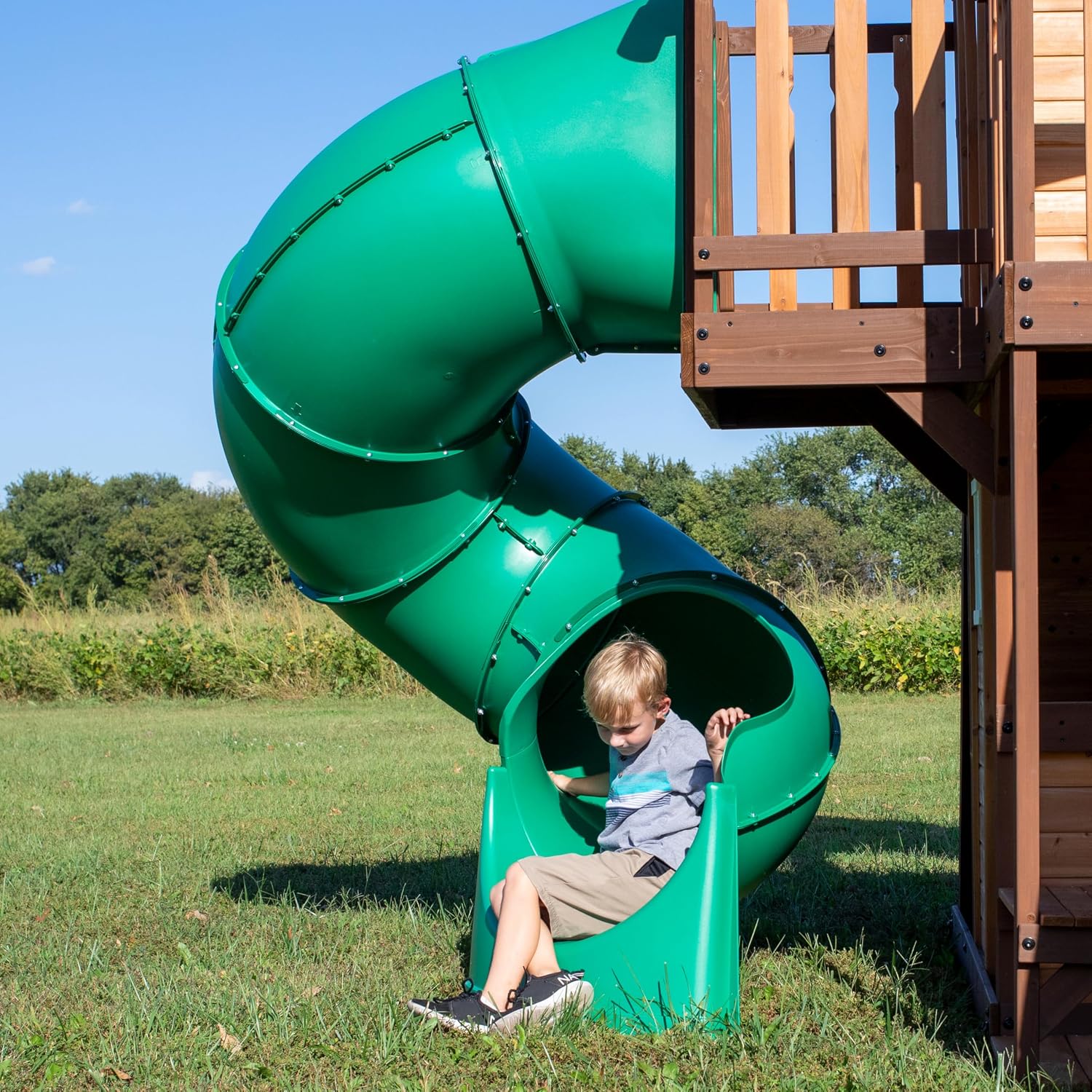 Backyard Discovery Cedar Cove Cedar Wood Swing Set with Spiral Tube Slide, Wave Slide, Clubhouse, Toy Grill, Snack Bar, Rock Wall, Belt Swings