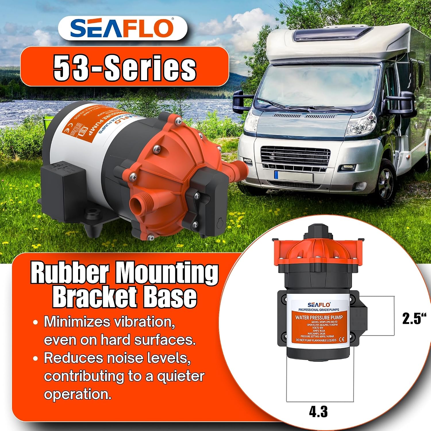 SEAFLO 55 Series 12V RV Water Pump 5.5 GPM 60 PSI Diaphragm Pump Heavy Duty Pressure Switch Built In Bypass Self Priming Quiet High Flow RV Marine Off Grid Freshwater System 4-Year Warranty