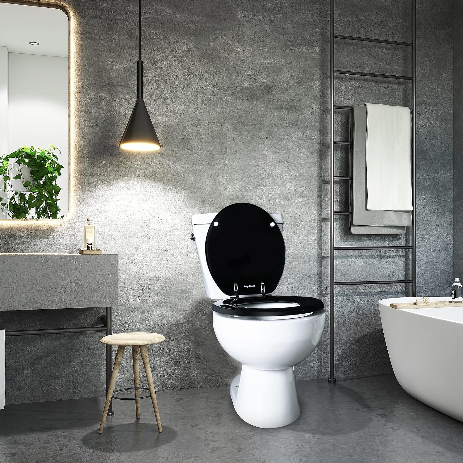 Angel Shield Toilet Seat with Zinc Alloy Hinges Quiet-Close Quick-Release Wood Molded UV Lid Easy Clean(Elongated,Black)