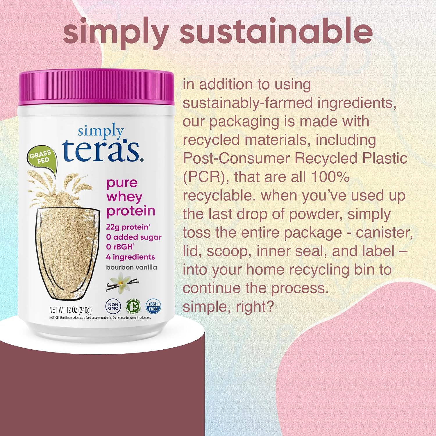 Simply tera's Pure Whey Protein Powder, Dark Chocolate, Clean Label - 12 Oz | Clean Whey Protein Powder, Made Without Artificial Sweeteners, Non-GMO, Kosher, rBGH-Free