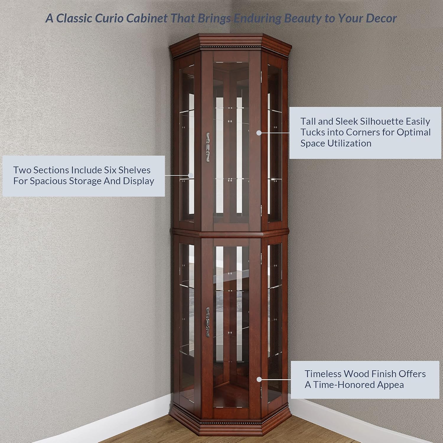 BELLEZE Lighted Wooden Corner Display Curio Cabinet, Two Section Shelving Unit with Tempered Glass Door