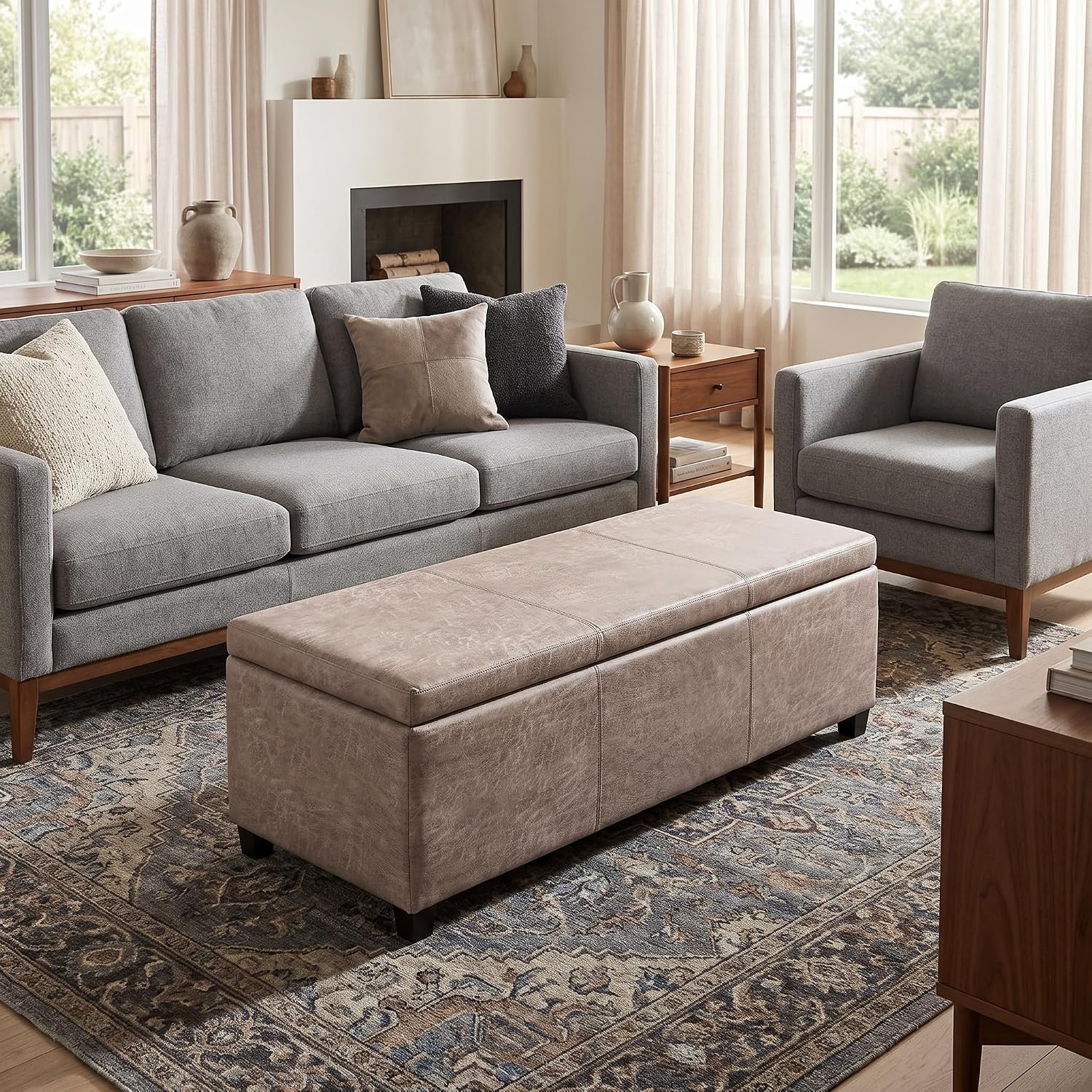 SIMPLIHOME Avalon 48" Wide Vegan Leather Storage Ottoman in Brown