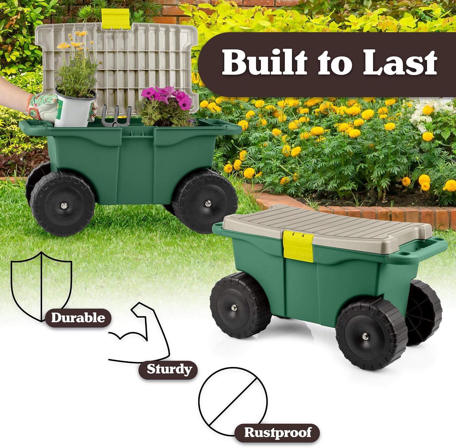 Rolling Garden Cart with Seat - Plastic Storage with Bench and Interior Tool Tray - Gardening Stool for Weeding and Planting By Pure Garden (Green) | Plastic Storage with Bench and Interior Tool Tray - Gardening Stool for Weeding and Planting