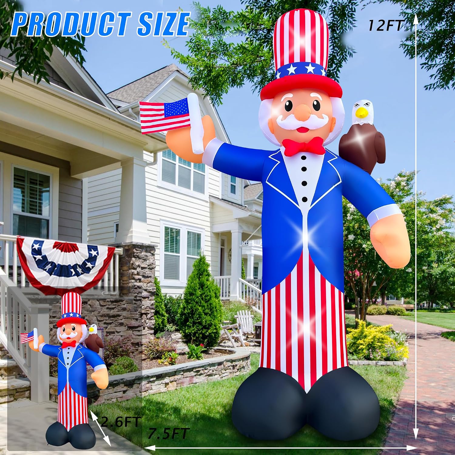 SEASONBLOW 12FT Independence Day Inflatable Uncle Sam with Bald Eagle Decorations Patriotic 4th of July LED Light Up Blow up Flag for Home Yard Lawn