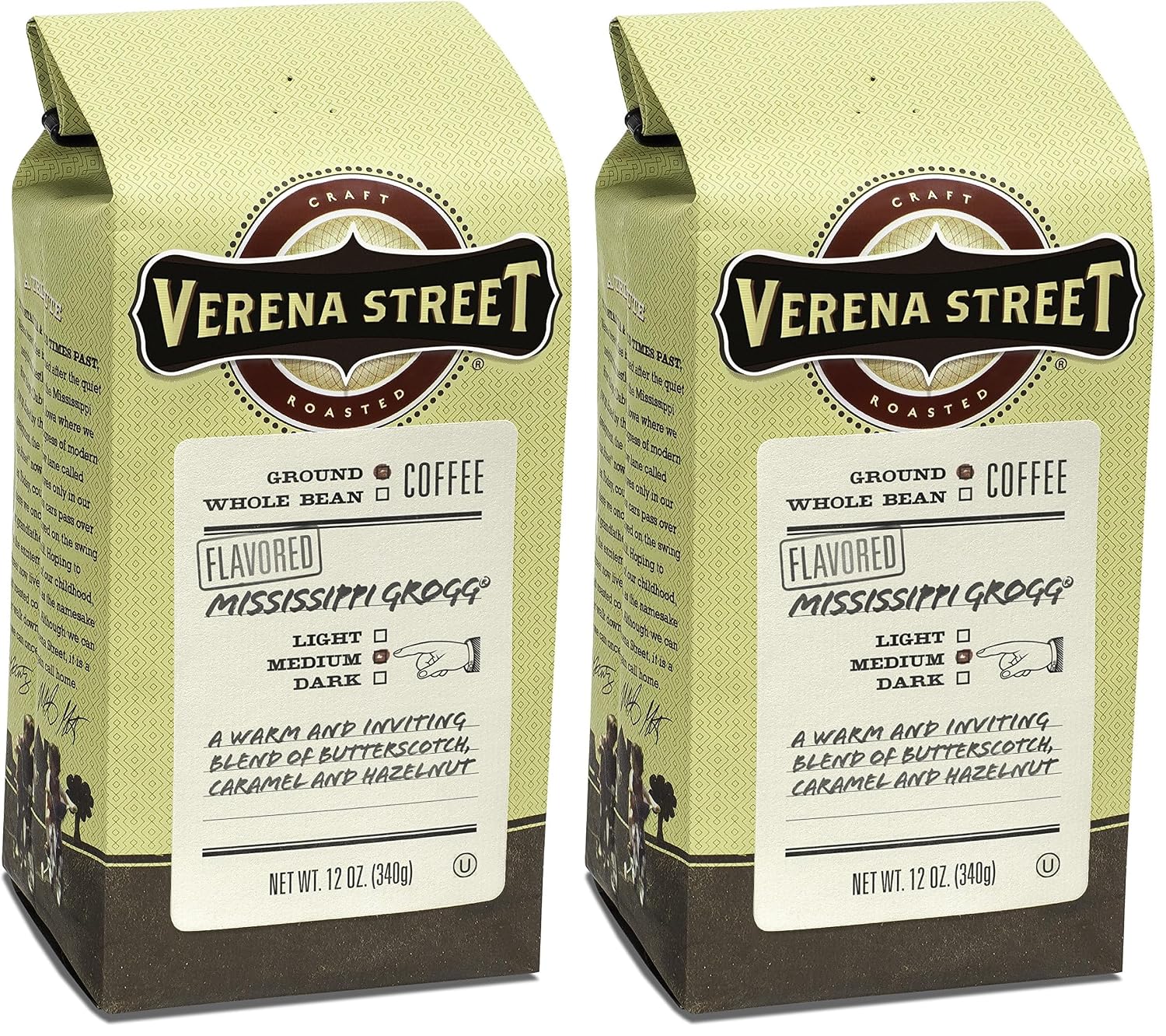 Verena Street 12 Ounce Flavored Ground Coffee, Mississippi Grogg, Medium Roast, Rainforest Alliance Certified Arabica Coffee