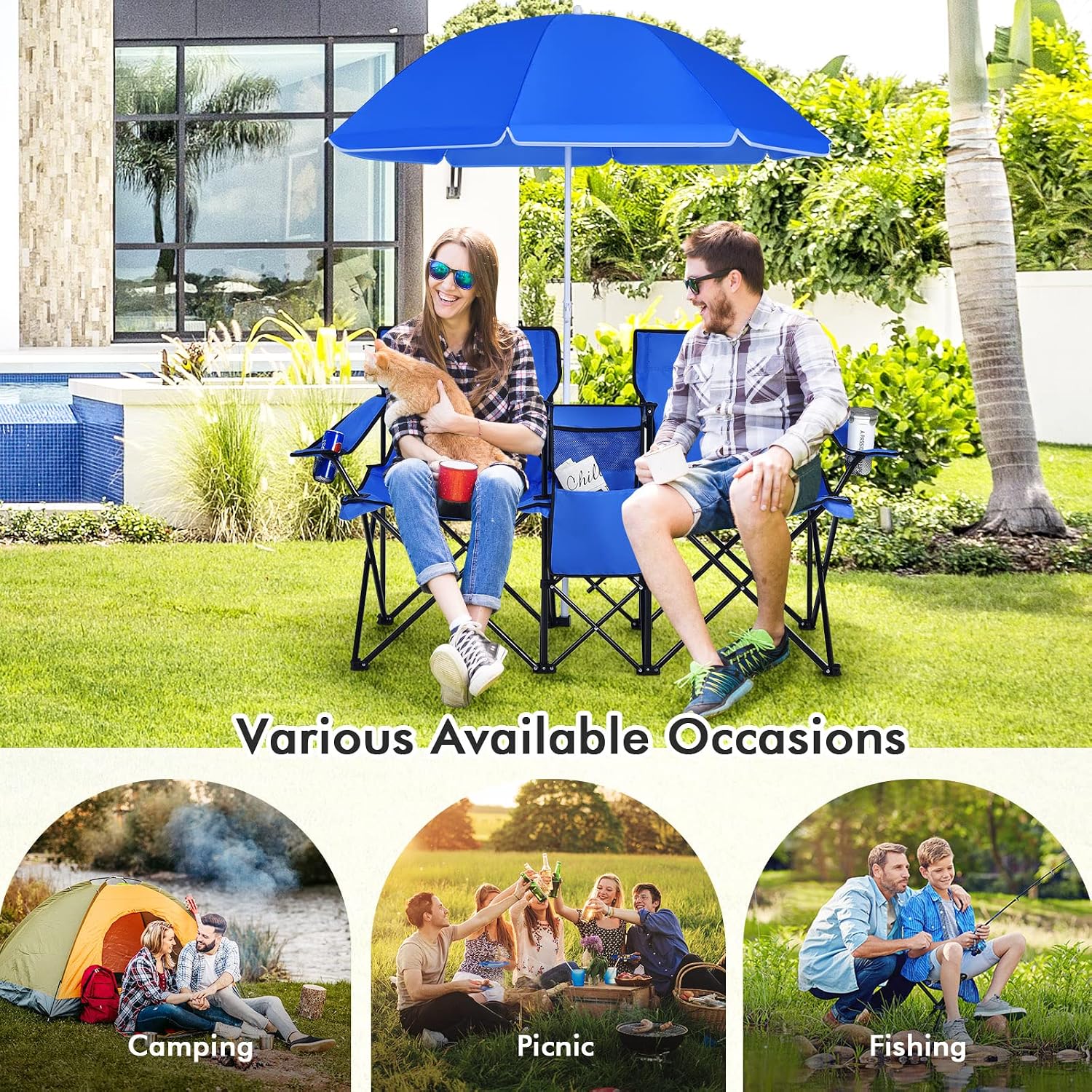 COSTWAY Double Portable Picnic Chairs, Folding Camping Chairs w/Detachable Umbrella, Cooler Bag, Cup Holders, Patio Beach Camping Chairs for Outdoors, Blue | Detachable Umbrella, Cooler Bag, Cup Holders, Patio Beach Camping Chairs for Outdoors, Blue