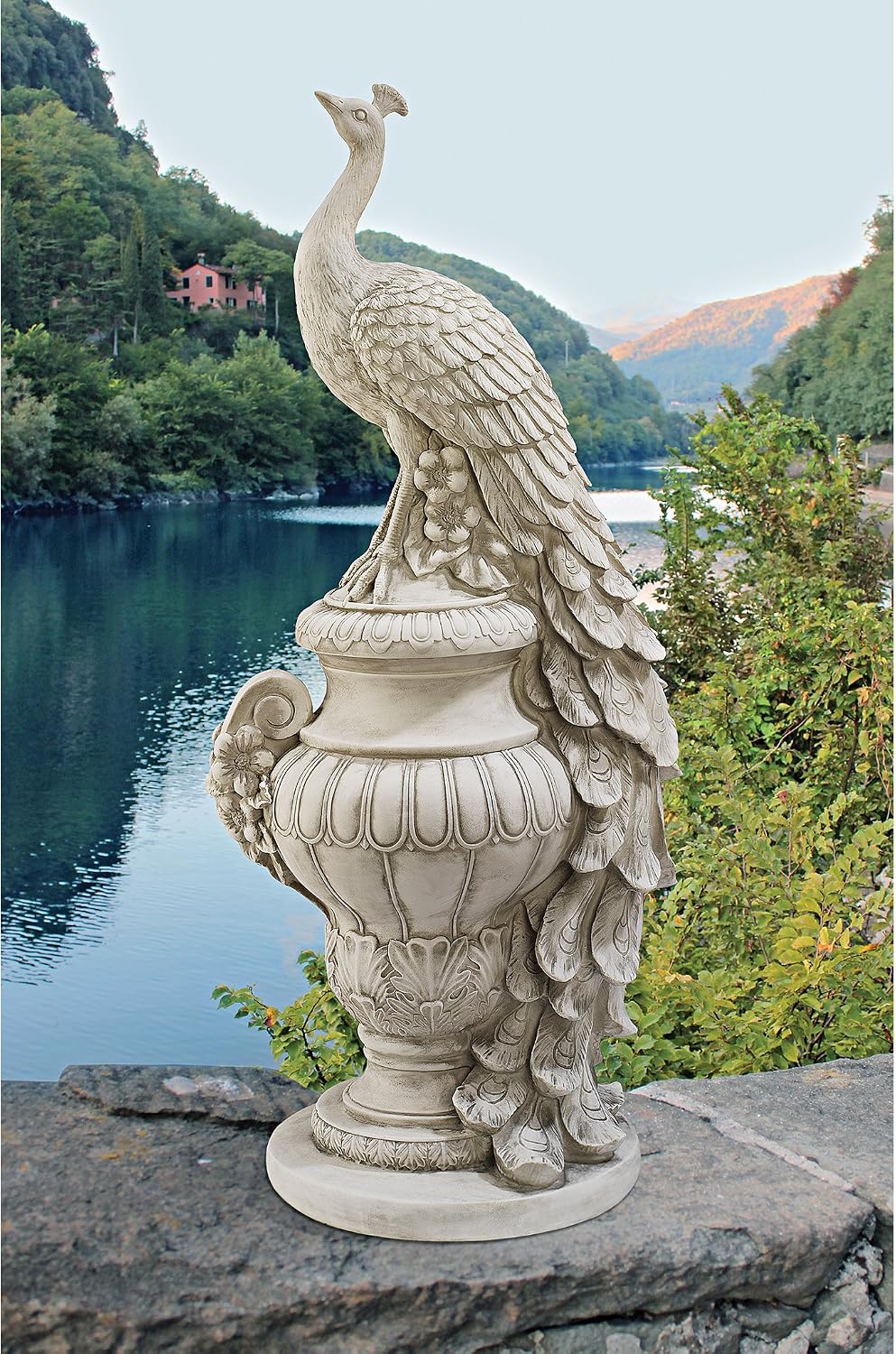 Design Toscano Staverden Castle Peacock on an Urn Garden Statue, 34 Inch Tall, Cast Stone Resin, Antique Stone Finish