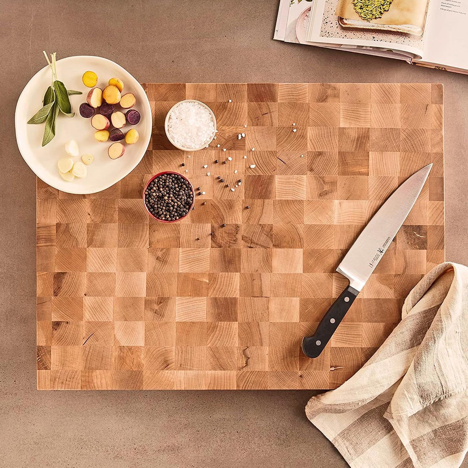 John Boos CCB Series Square Wooden Maple Cutting Board 18”x18” – 2.25” Thick, 22-lb Reversible Butcher Block with End-Grain & Finger Grips – Made in the USA