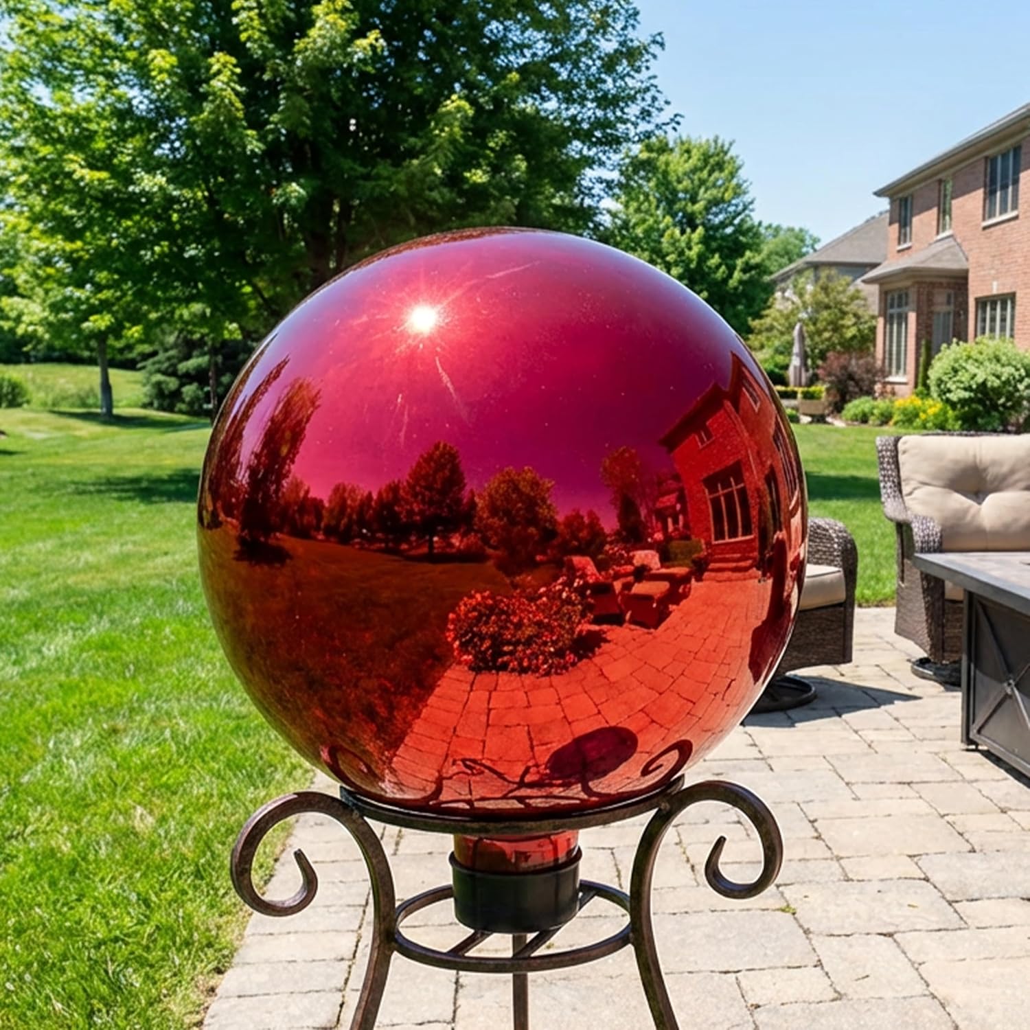 Sunnydaze 10-Inch Handblown Mirrored Glass Gazing Ball, Red | Reflective Outdoor Garden Globe Sphere, for Yard, Patio, Flower Bed, Walkway, and Landscape Decor, Stainless Steel Finish