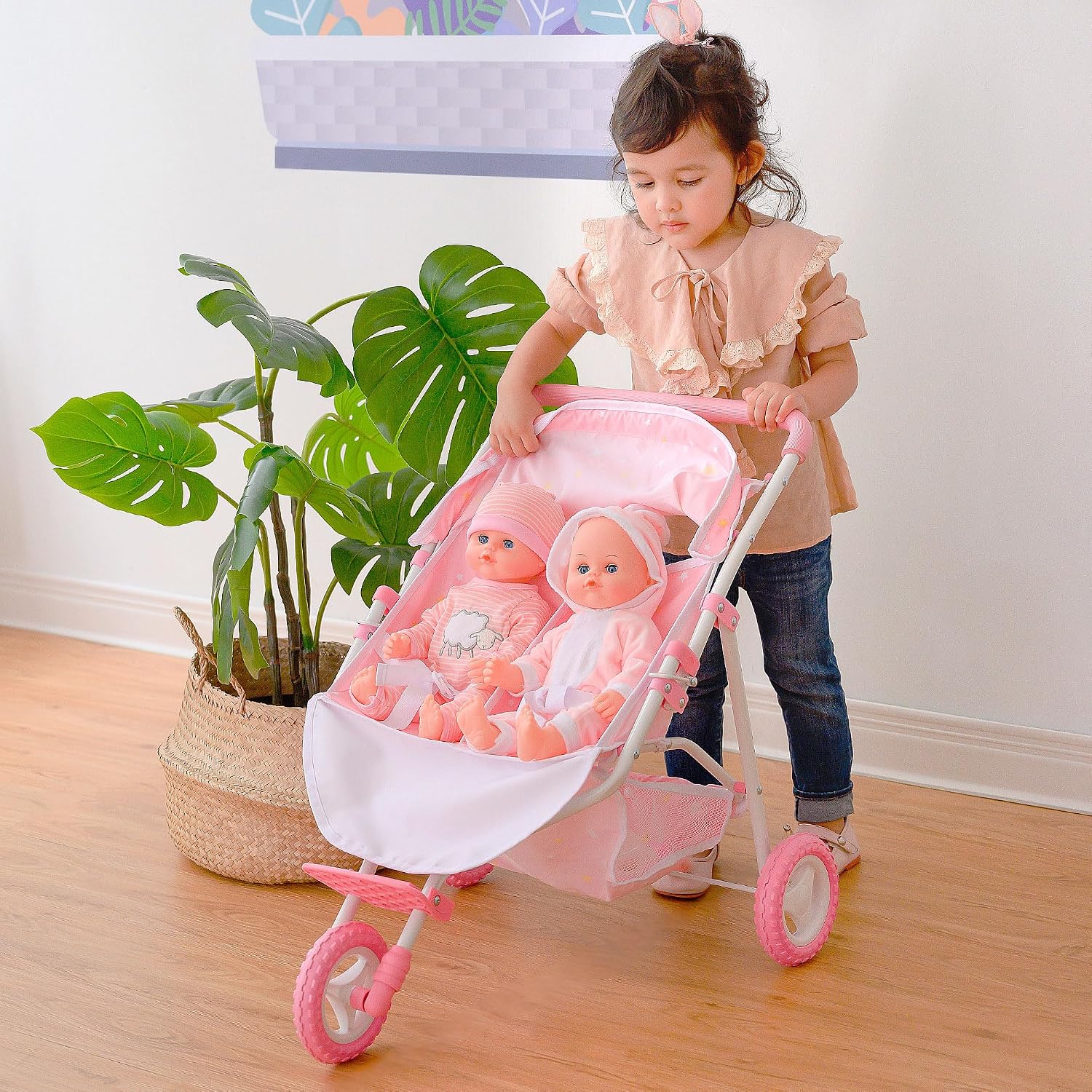 Olivia's Little World Doll Jogging-Style Stroller with Canopy, Storage Underneath, Pink and Cream and Gray | Canopy, Storage Underneath
