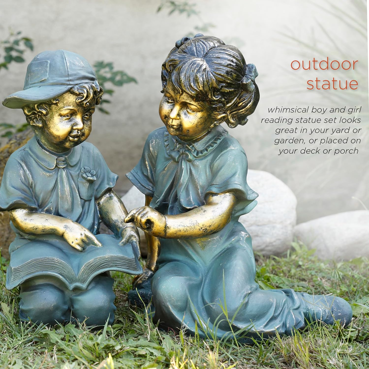 Alpine Corporation 26" Tall Indoor/Outdoor Girl Jumping Over Boy Statue Yard Art Decoration