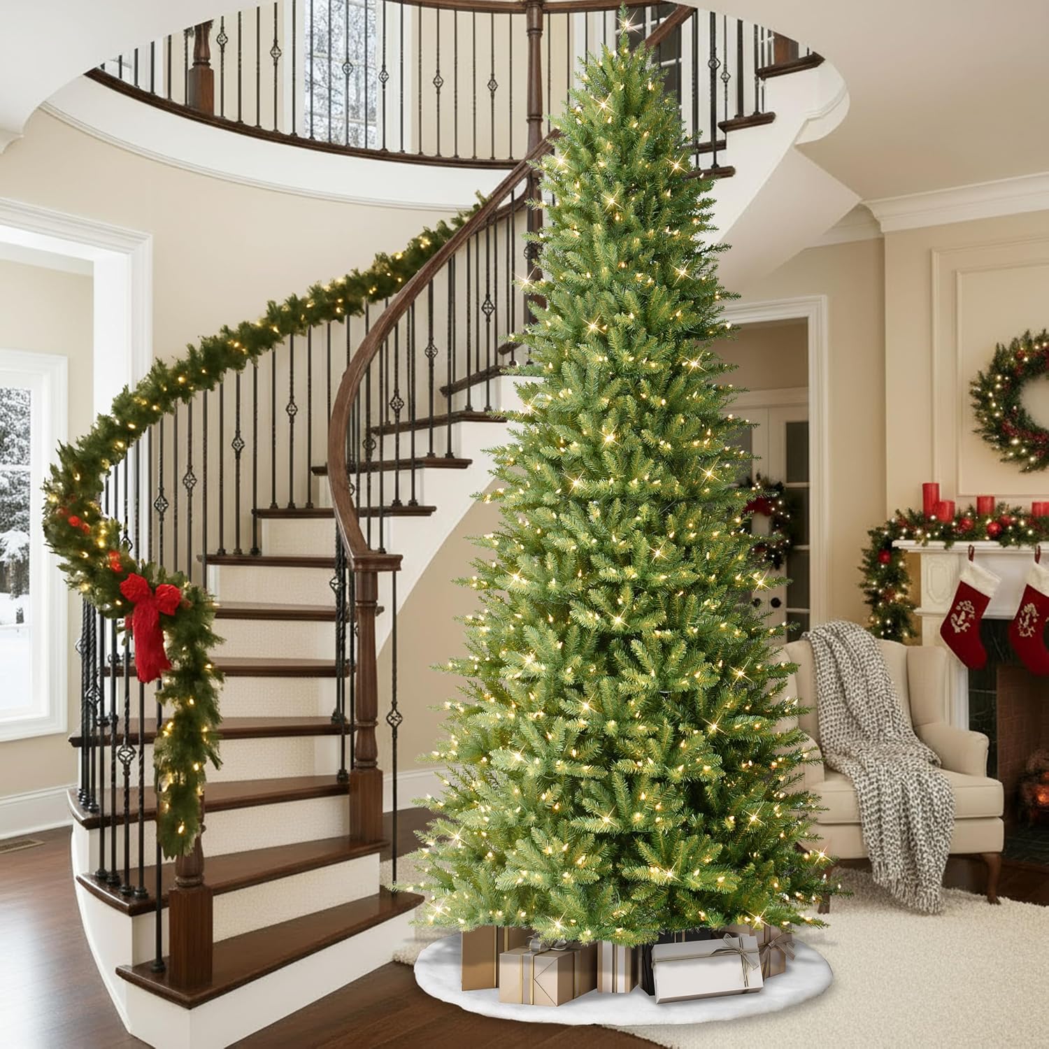 Puleo International 7.5ft Pre-Lit Slim Fraser Christmas Tree with 500 Warm White LED Lights, 1453 Realistic Dense Branch Tips, Easy Setup Artificial Trees with Sturdy Metal Stand