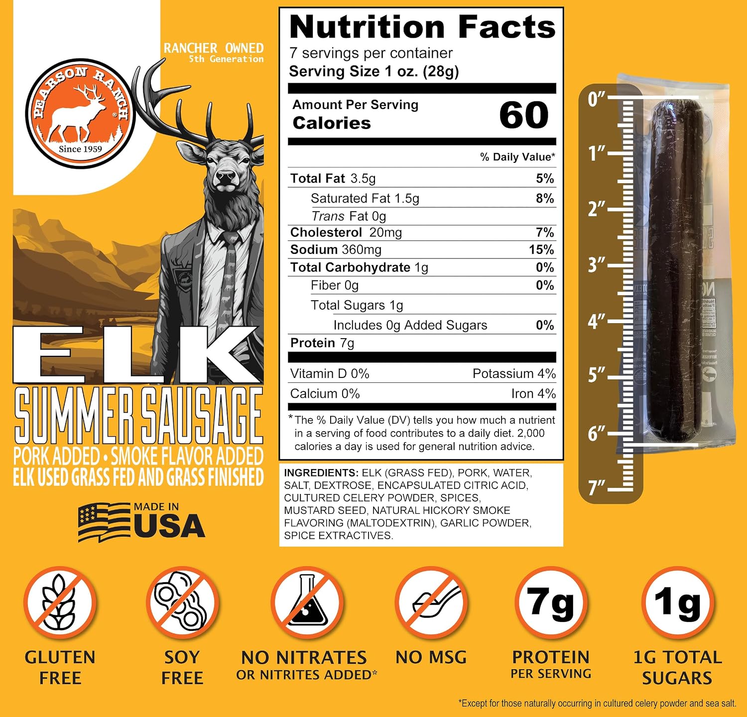 Pearson Ranch Grass Fed Elk Summer Sausage – Wild Game & Exotic Meat – Low-Carb, Gluten & MSG-Free, No Added Nitrites – 7 oz (Pack of 3)