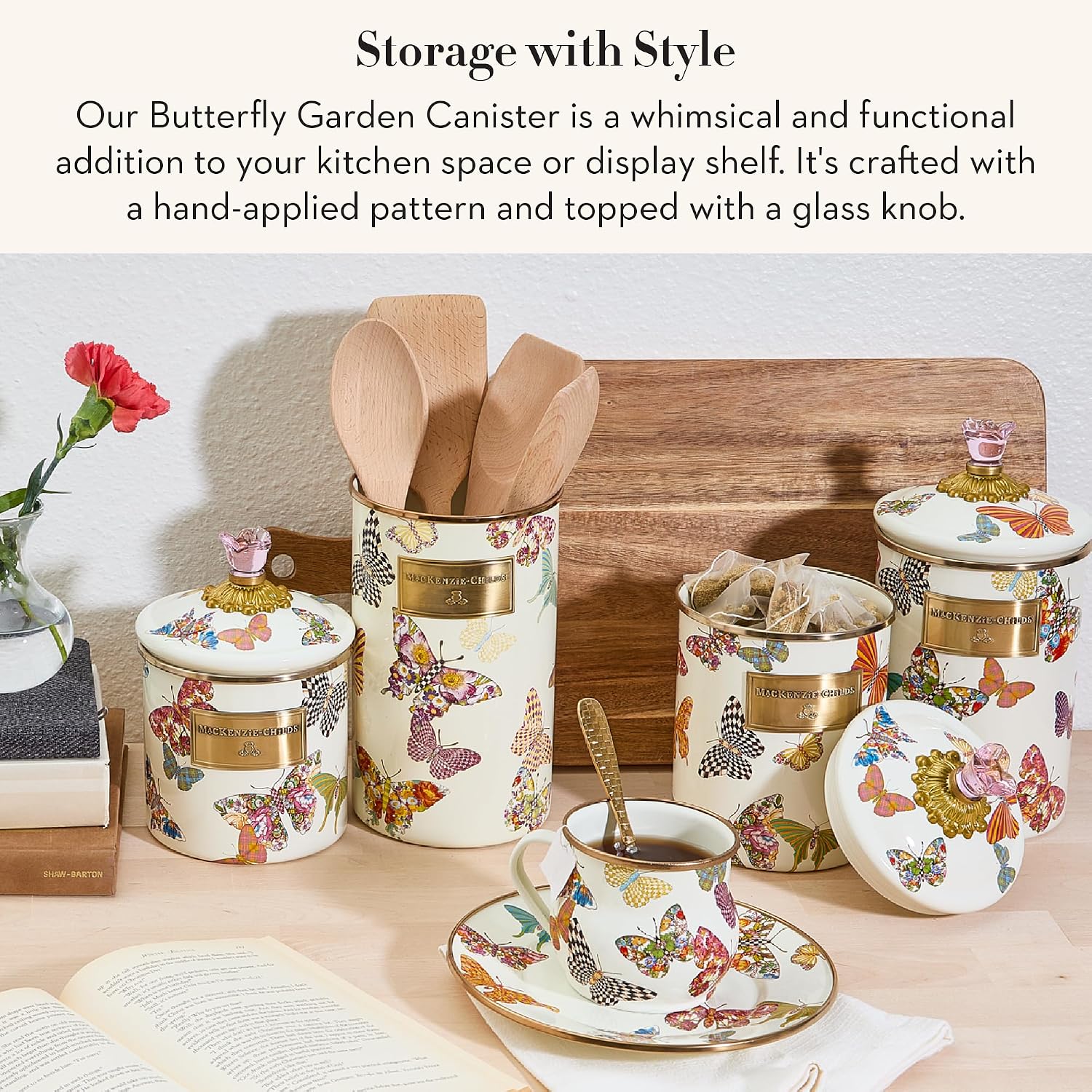 MACKENZIE-CHILDS Enamel Canister, Medium, White Butterfly Garden | Hand-applied design, made from enameled steel, versatile kitchen storage container for flour and sugar, 48-ounce capacity