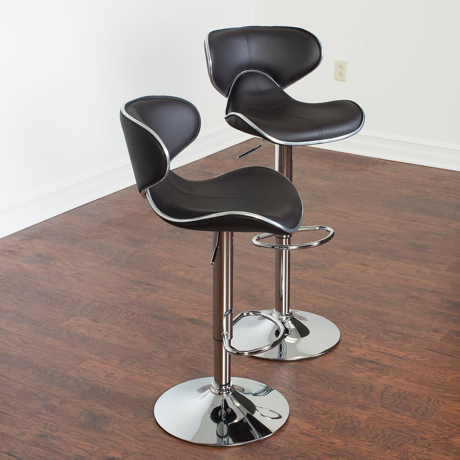 Roundhill Furniture Masaccio Cushioned Leatherette Upholstery Airlift Adjustable Swivel Barstool with Chrome Base, Set of 2, Blue