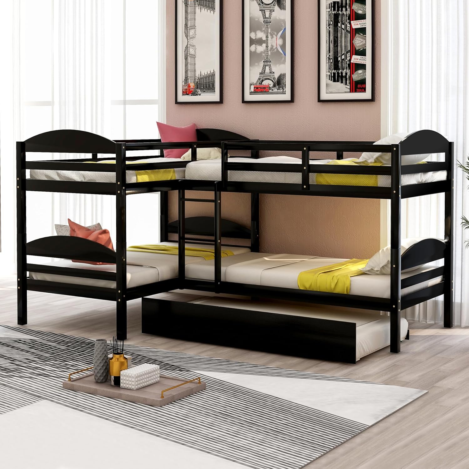 Harper & Bright Designs Twin L-Shaped Bunk Bed with Trundle, Can be Divided into Two L-Shaped Beds, No Spring Box Needed (Grey)