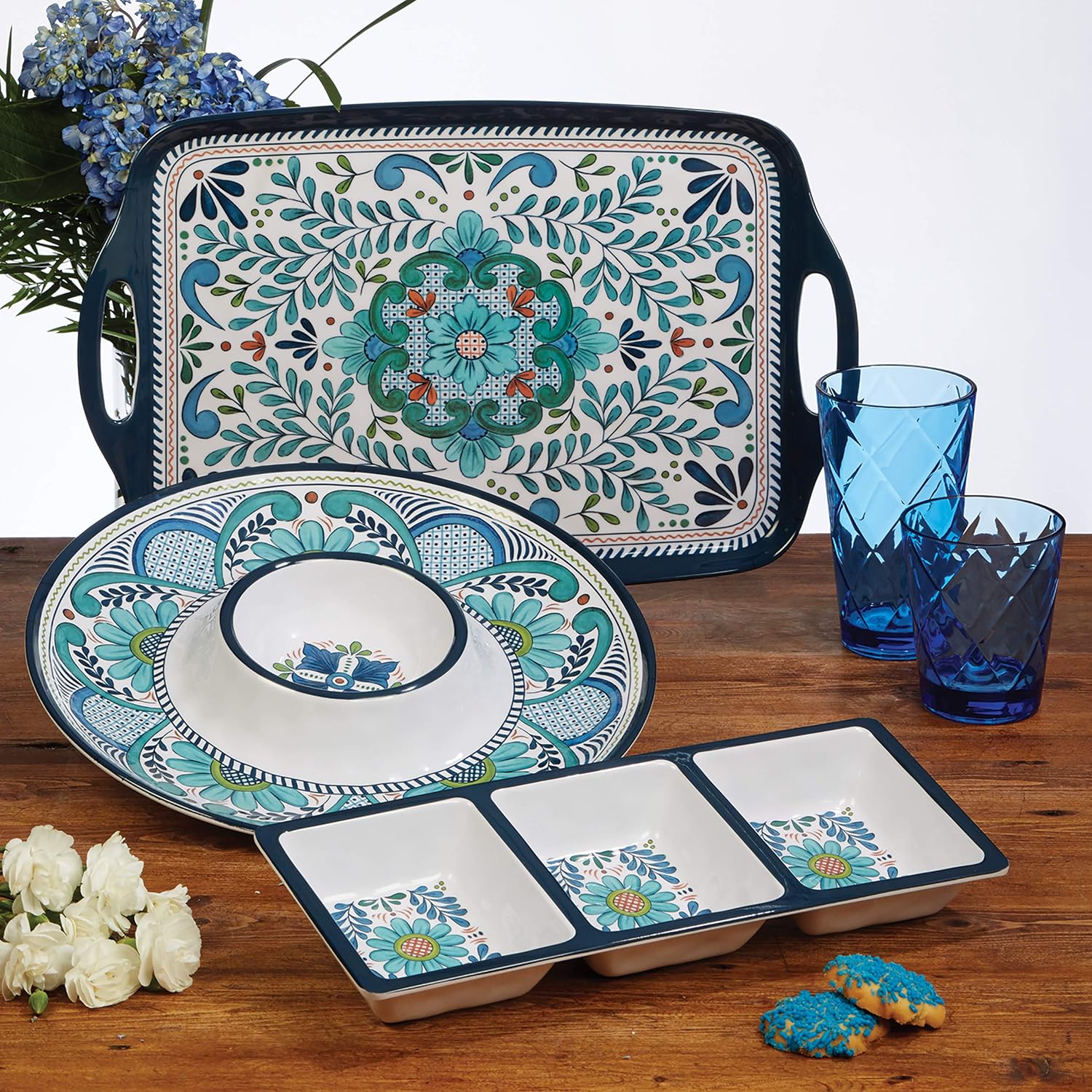 Talavera 3-Piece Melamine Hostess Serveware Set – Chip & Dip Server, 3-Section Relish Tray