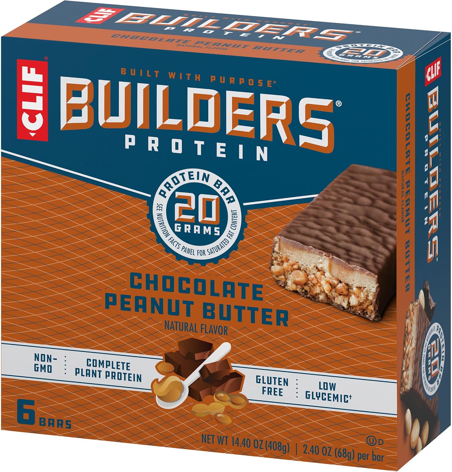 CLIF BUILDERS Protein Bars - Chocolate Peanut Butter Flavor - 20g Plant Based Protein - Gluten Free - Non-GMO - Low Glycemic - No Artificial