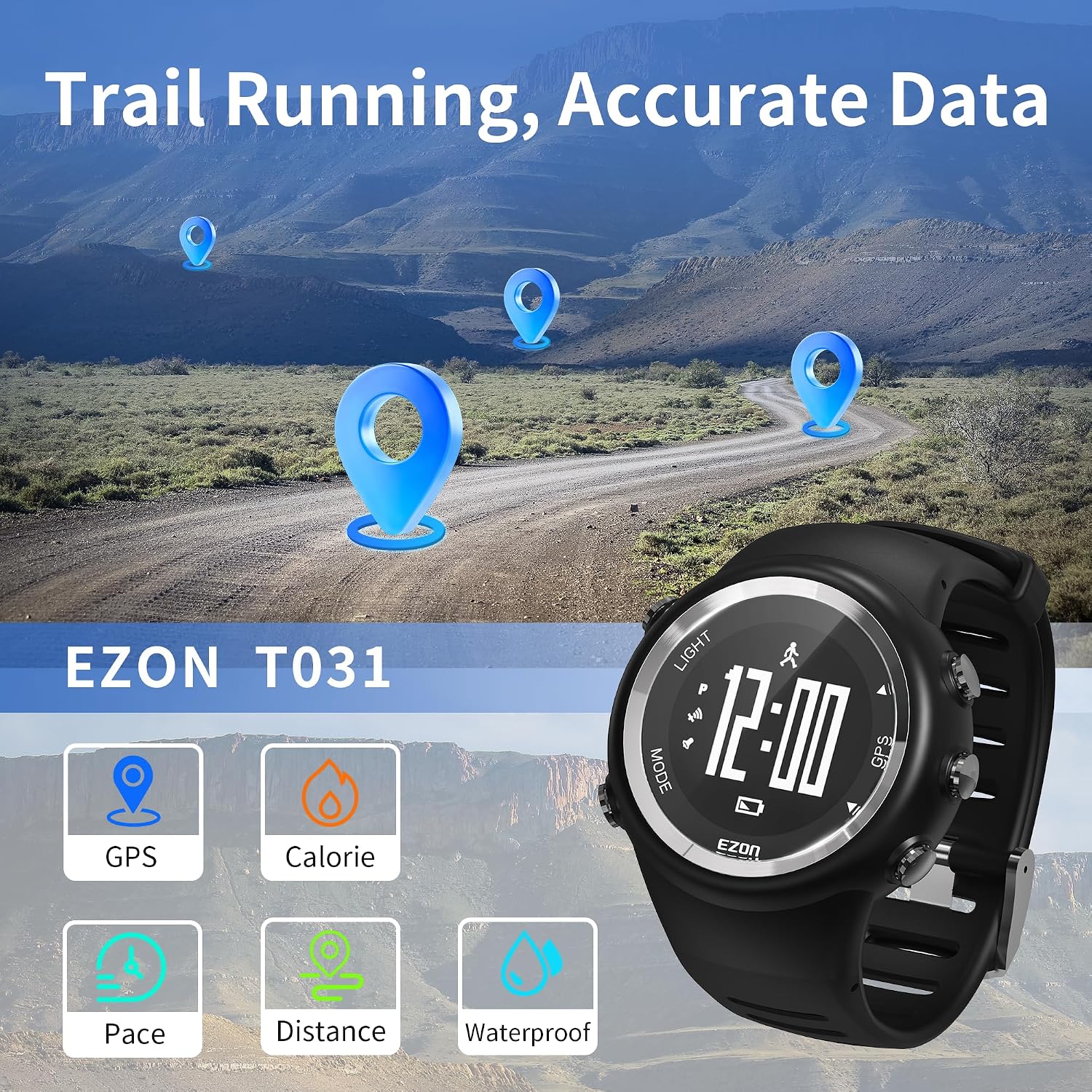 EZON GPS Running Watch with Speed Distance Pace Alarm and Calorie Counter and Stopwatch for Men T031 Black