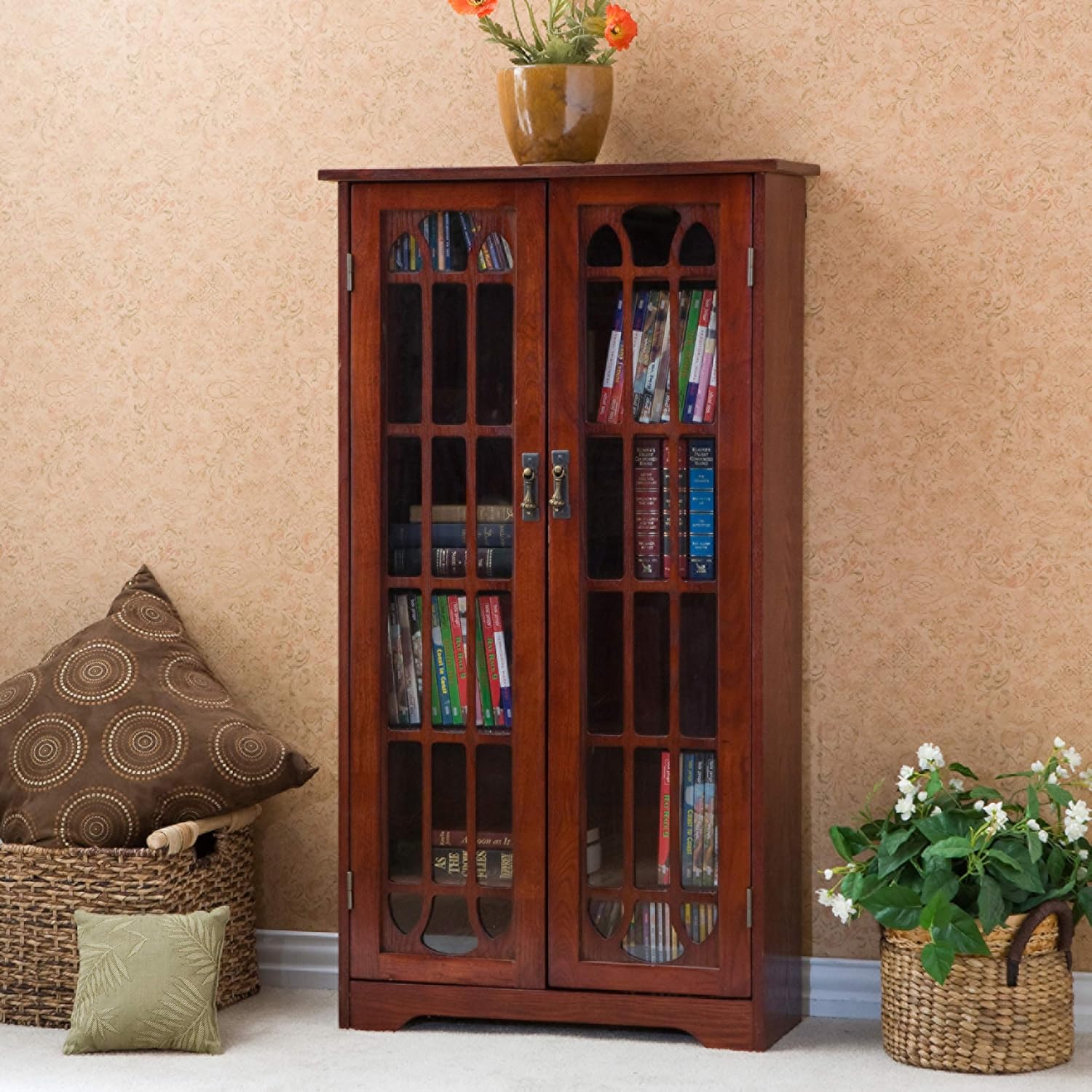 SEI Furniture - Window Pane Media Cabinet - Cherry - Transitional Design, Brown Glass and Wood - Ideal for Home Office, Living Room (MS1073)