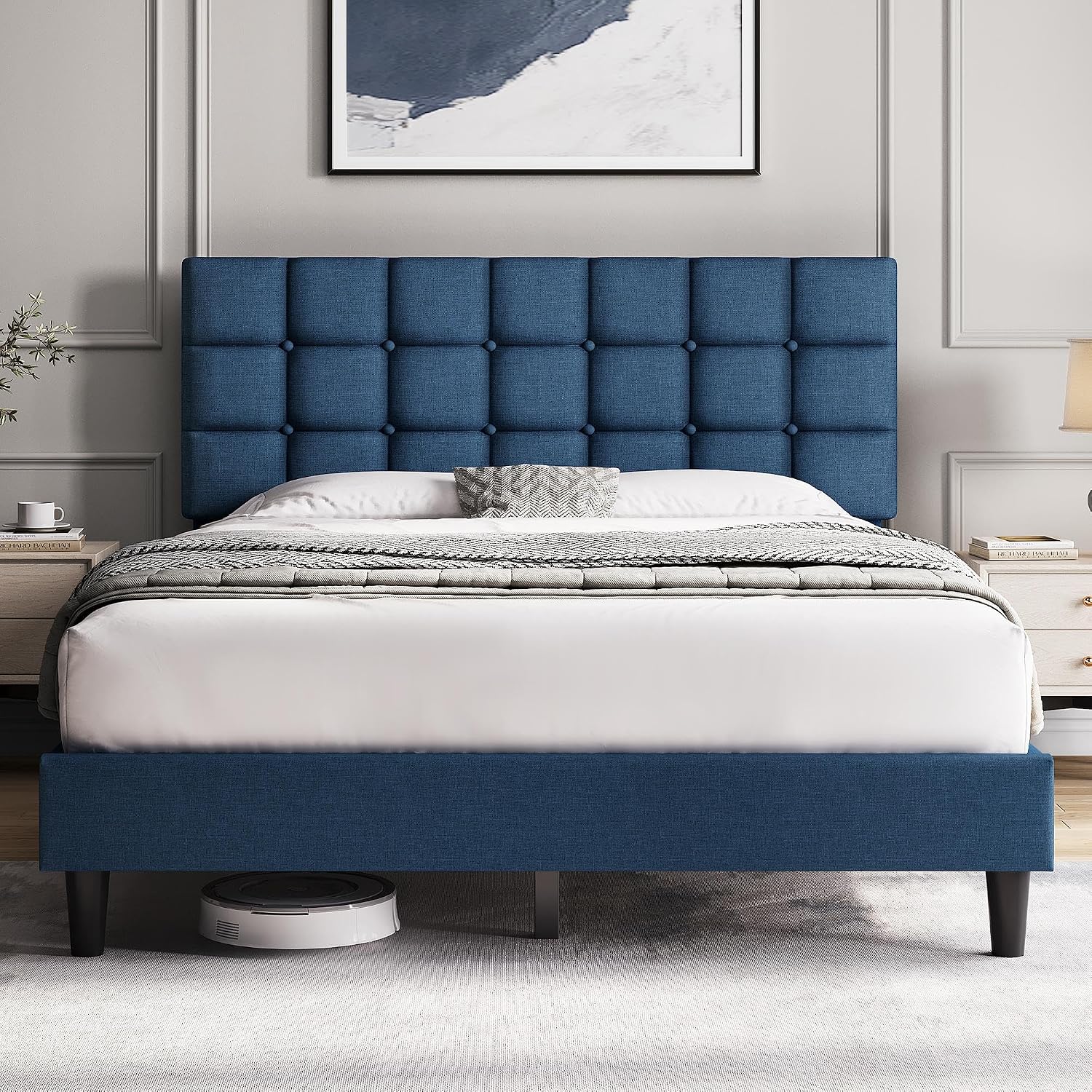 Yaheetech Full Size Upholstered Tufted Bed Frame with Headboard, Dark Gray | Sturdy engineered wood frame with linen fabric upholstery features a soft tufted headboard for easy assembly and support