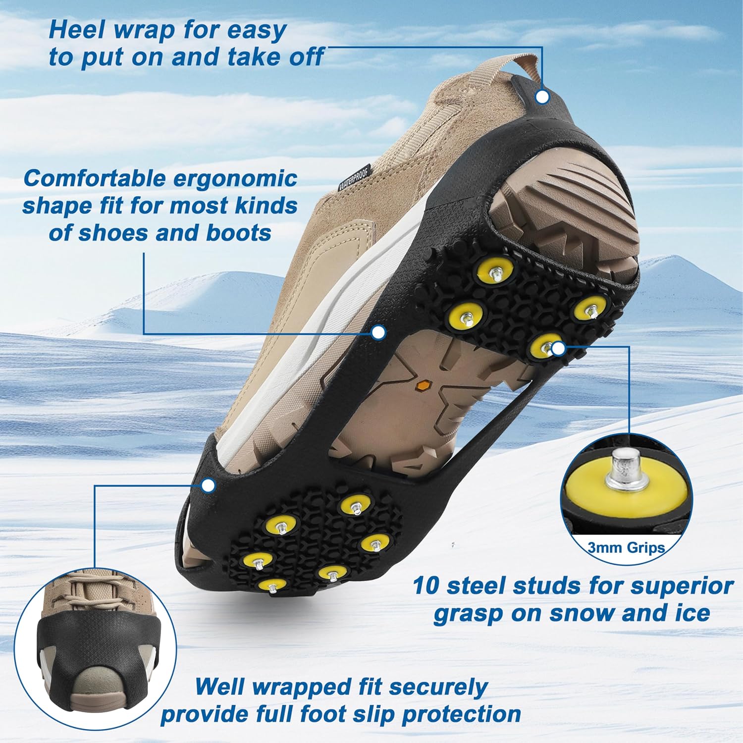 Ice Cleats Snow Traction Cleats Crampons for Shoe and Boots Non-Slip Overshoe for Walking on Snow and Ice Rubber Walking Cleats Anti Slip Crampons