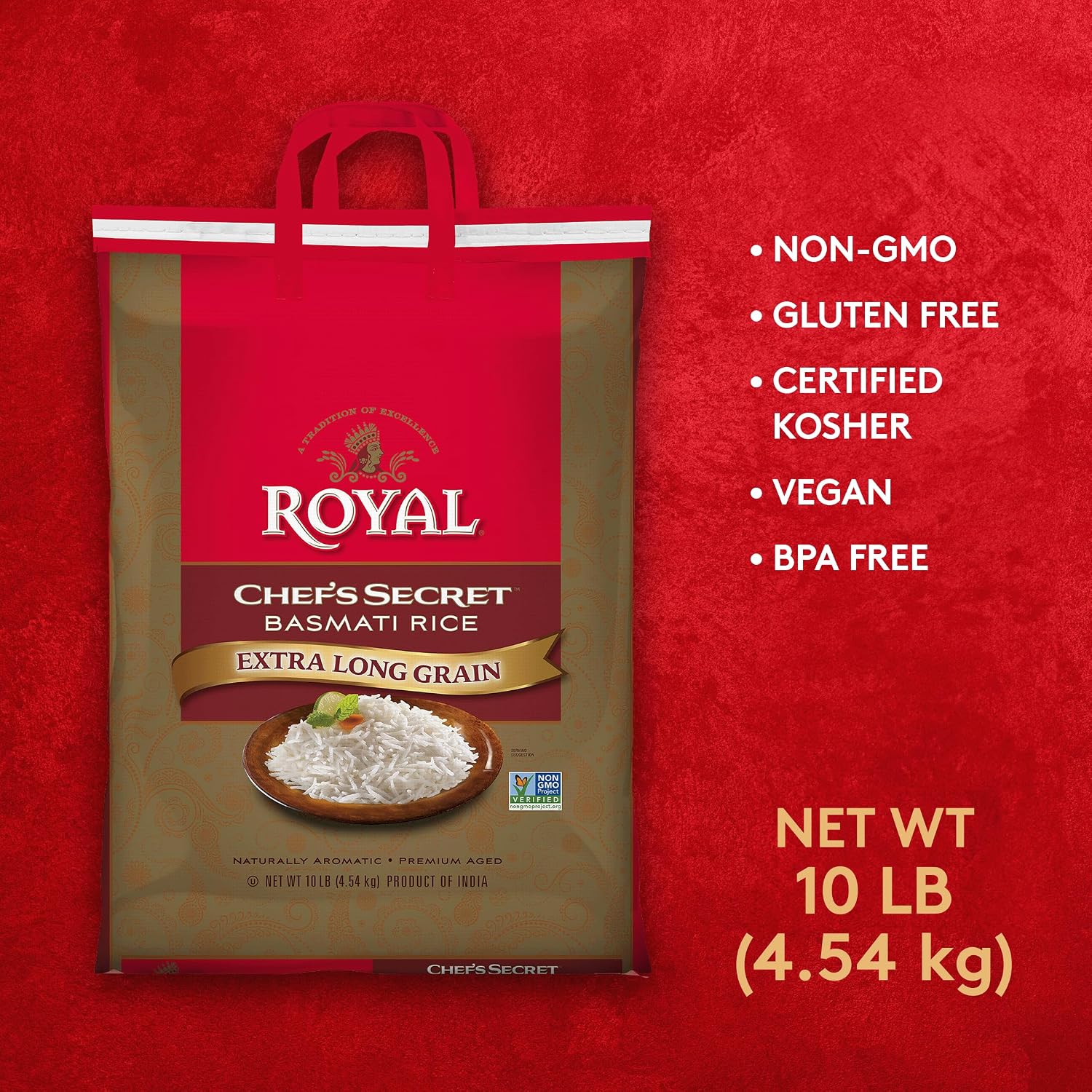 Royal Chef's Secret Basmati White Rice - 10 lb Bag | Premium Extra Long Grain Rice - Perfect for Biryanis, Pilafs, Pulao & Curries - Cook in Microwave or on Stove Top