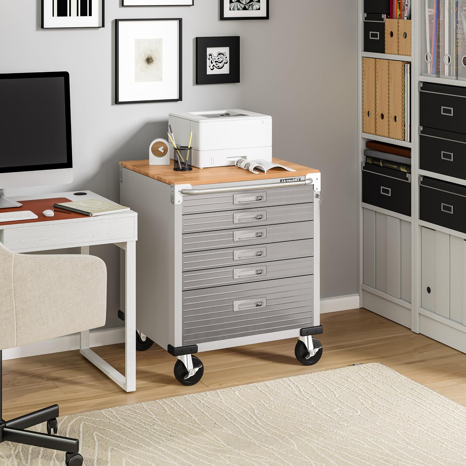 Seville Classics UltraHD Heavy Duty Rolling Cabinet Workbench Table w/Solid Wood Top, Workstation for Garage, Office, Workshop, Granite, 6-Drawer (28" W x 18" D