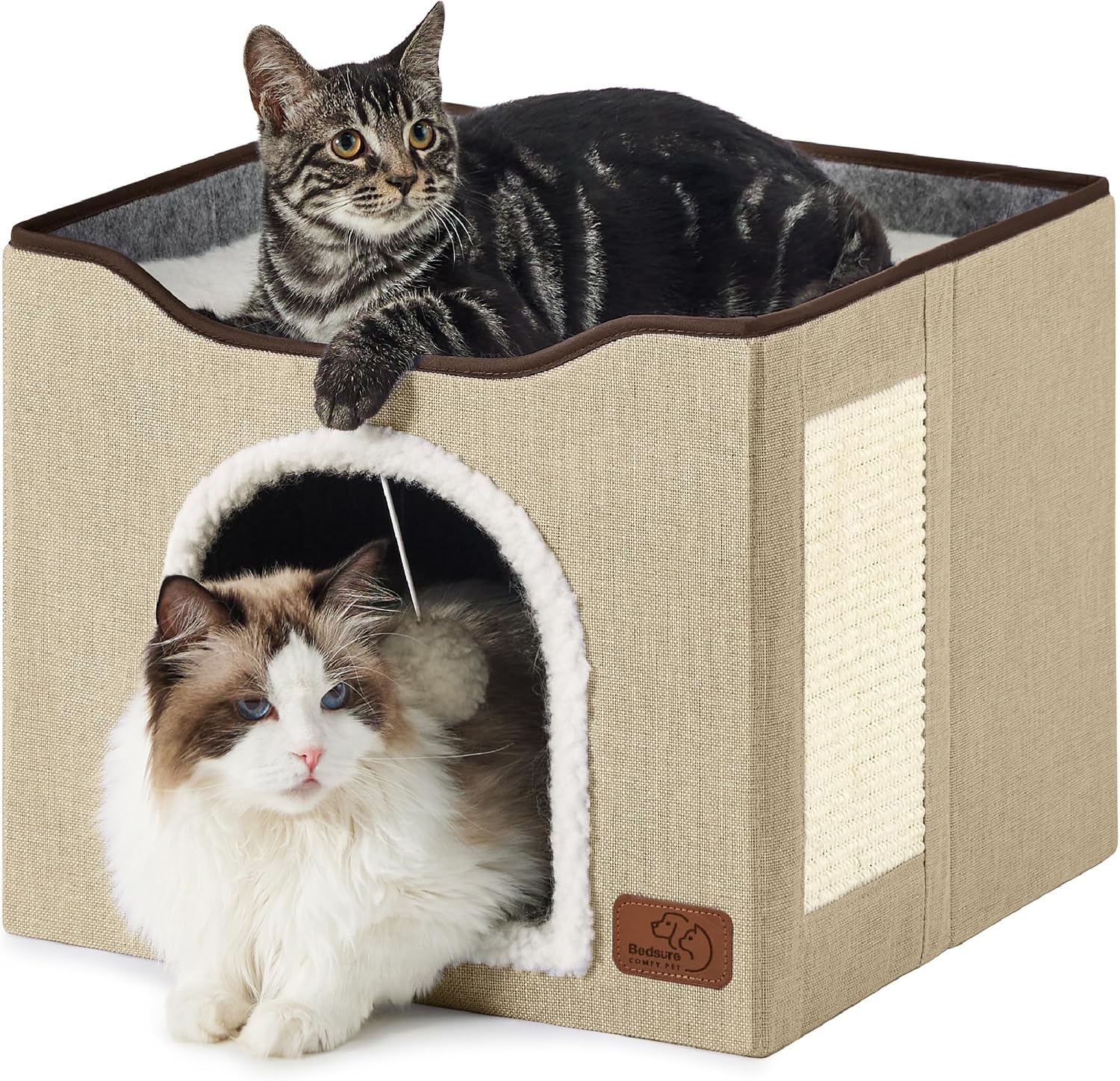 Bedsure Cat House Bed for Indoor Cats with Fluffy Ball and Scratch Pad,Grey