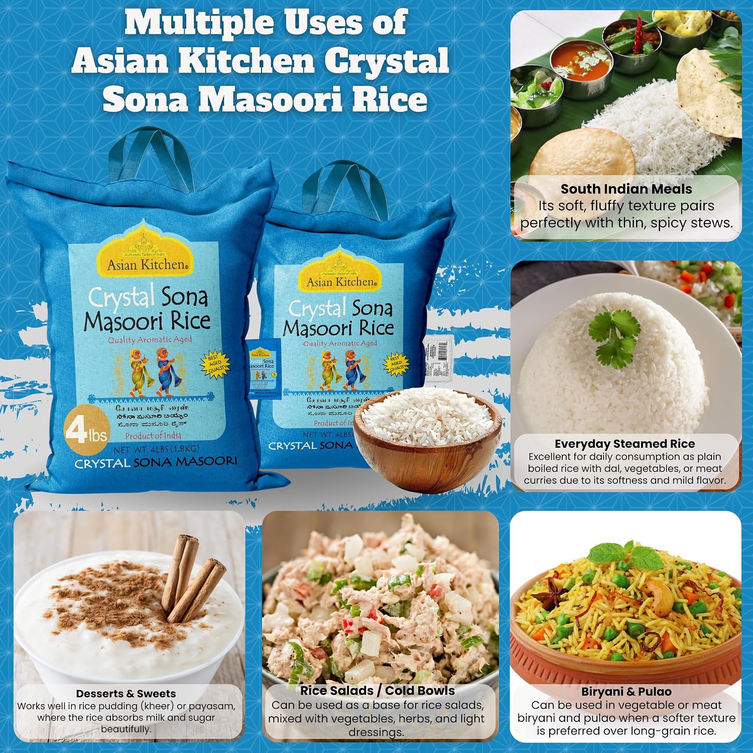 Asian Kitchen White Sona Masoori Aged Rice 20-Pound Bag, 20lbs (9.08kg) Short Grain Rice ~ All Natural | Gluten Friendly | Vegan | Kosher | Indian Origin | Export Quality
