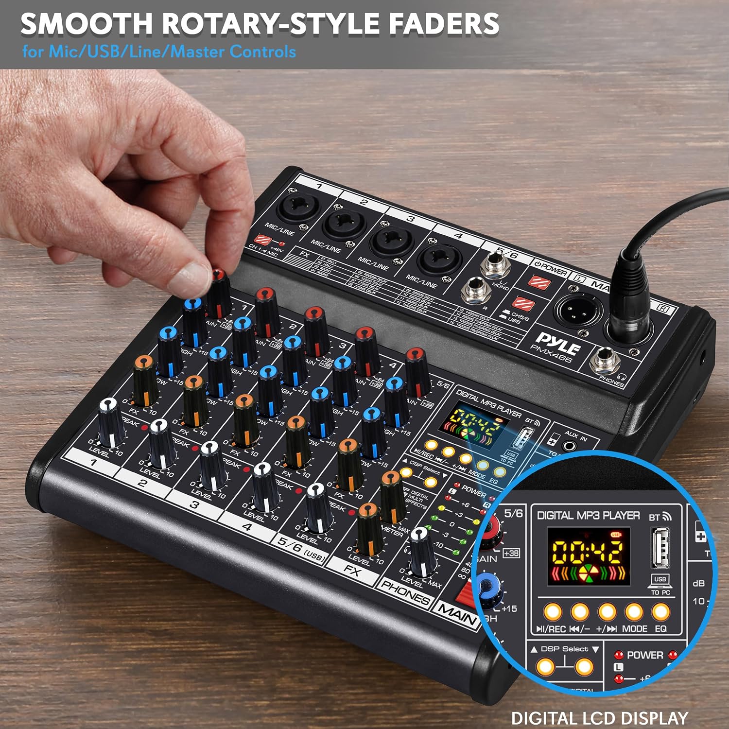 Pyle Professional Bluetooth DJ Audio Mixer - 6-Channel DJ Controller Sound Mixer w/DSP 16 Preset Effects, USB Interface, 4 XLR Mic/Line Input, AUX