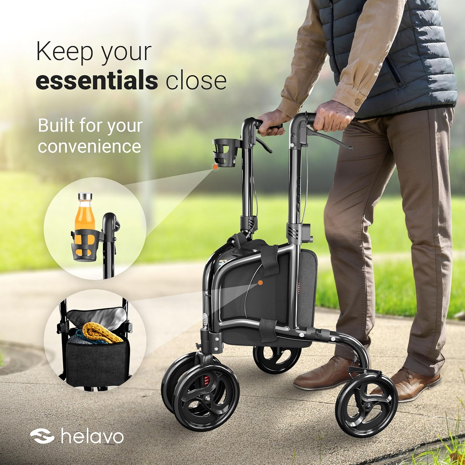 Helavo 3 Wheel Walker with Double Front Wheels, Narrow Walker for Seniors | Rollator Walker for Small Spaces, Easier Maneuverability, 26.8" Wide