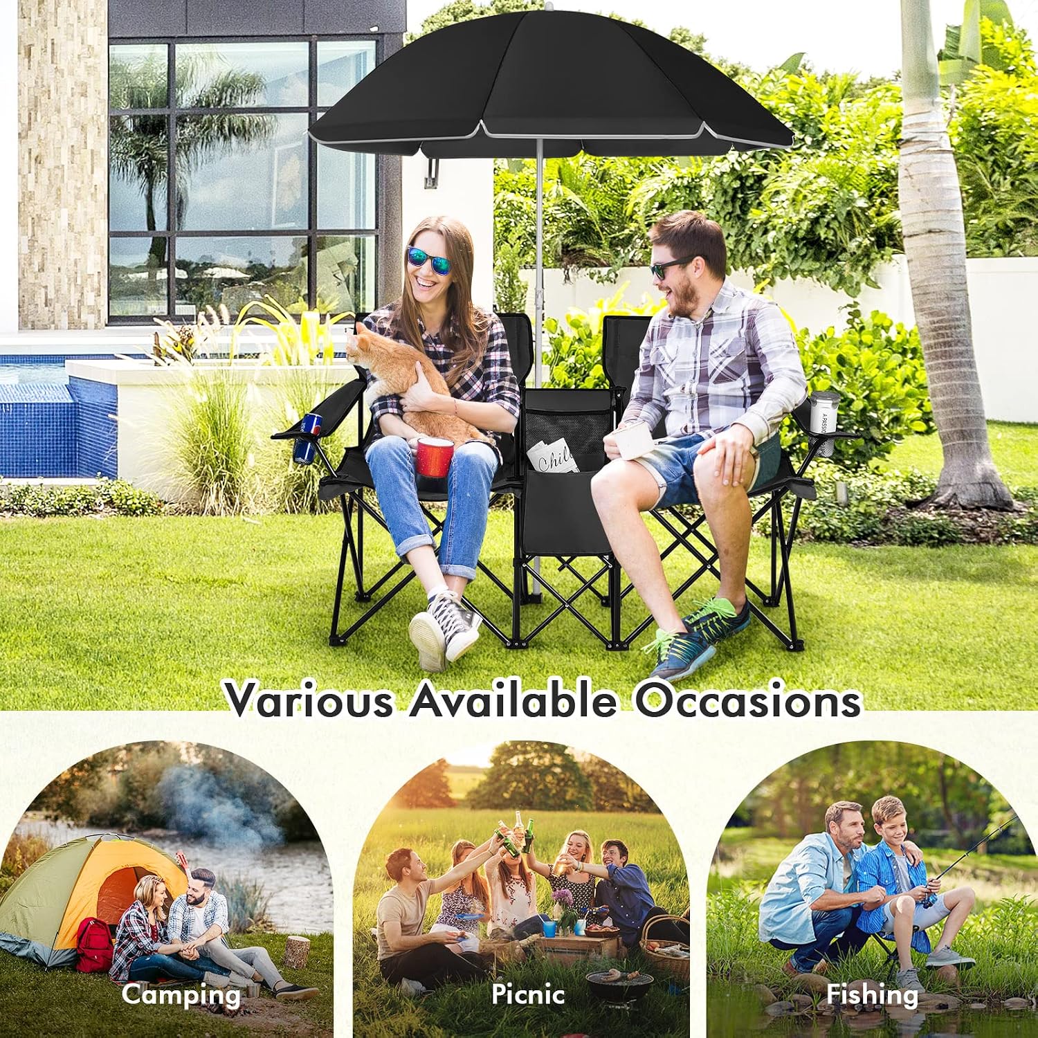 COSTWAY Double Portable Picnic Chairs, Folding Camping Chairs w/Detachable Umbrella, Cooler Bag, Cup Holders, Patio Beach Camping Chairs for Outdoors, Blue | Detachable Umbrella, Cooler Bag, Cup Holders, Patio Beach Camping Chairs for Outdoors, Blue