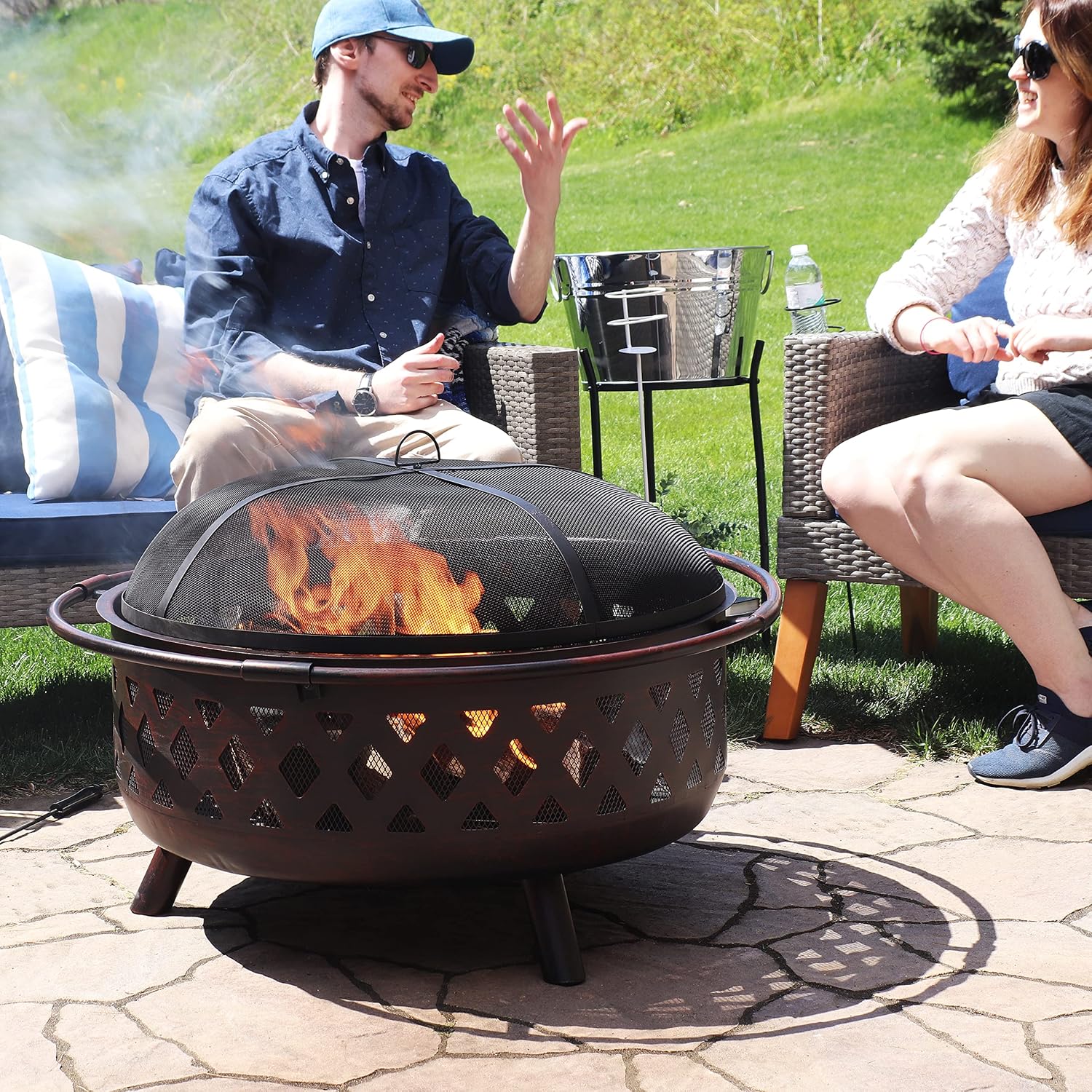 Sunnydaze Crossweave Large Outdoor Fire Pit, Wood Burning, Round, 36" | Black, Heavy Duty Steel Metal, Patio Fire Pit with Spark Screen, Poker, & Cover, Wood Firepit for Outside, Backyard, or Deck