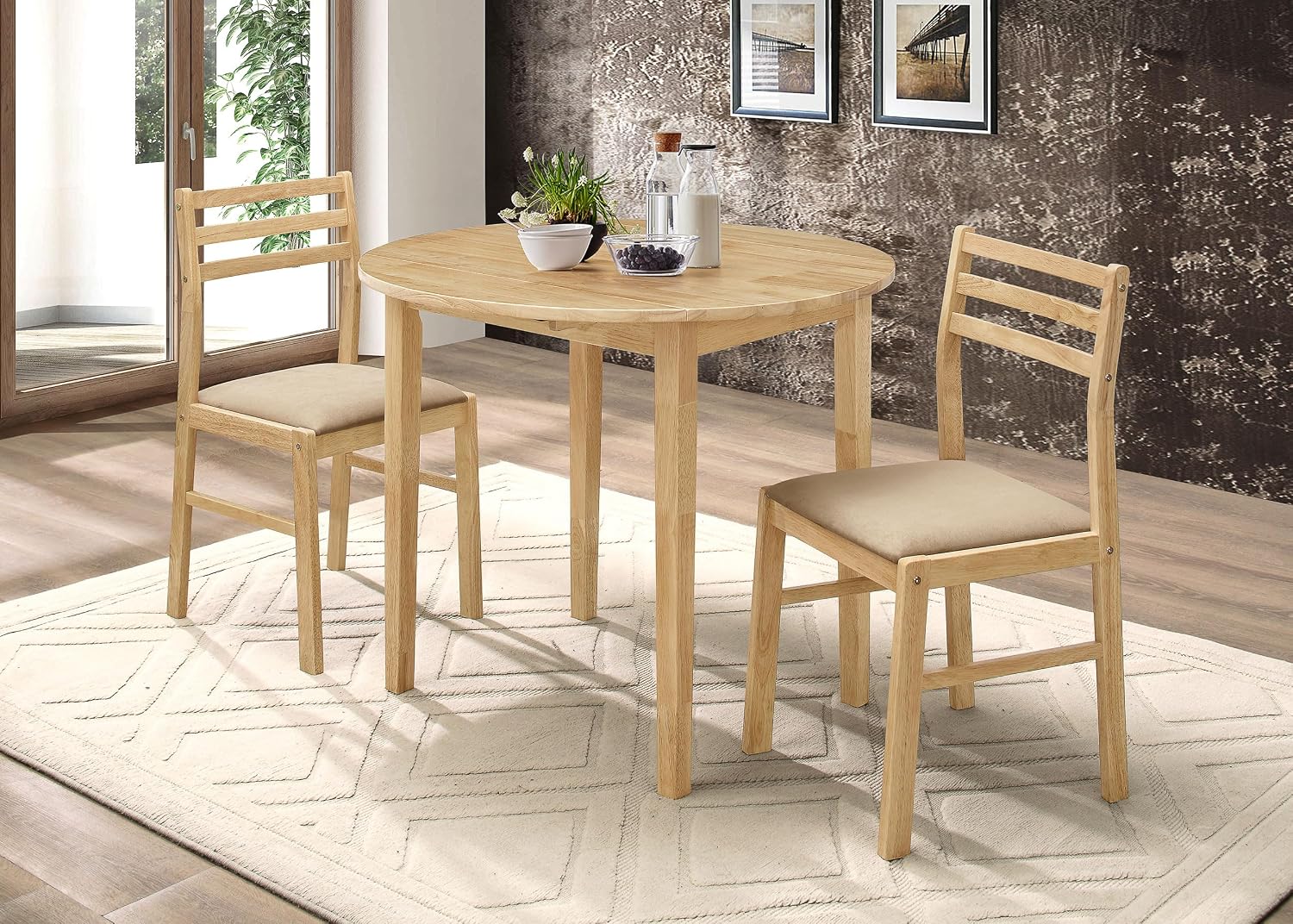 Coaster Home Furnishings 3-Piece Round Wood Dining Room Set Drop Leaf Extension Table Ladder Back Side Chairs Upholstered Seat Cushions Beige and