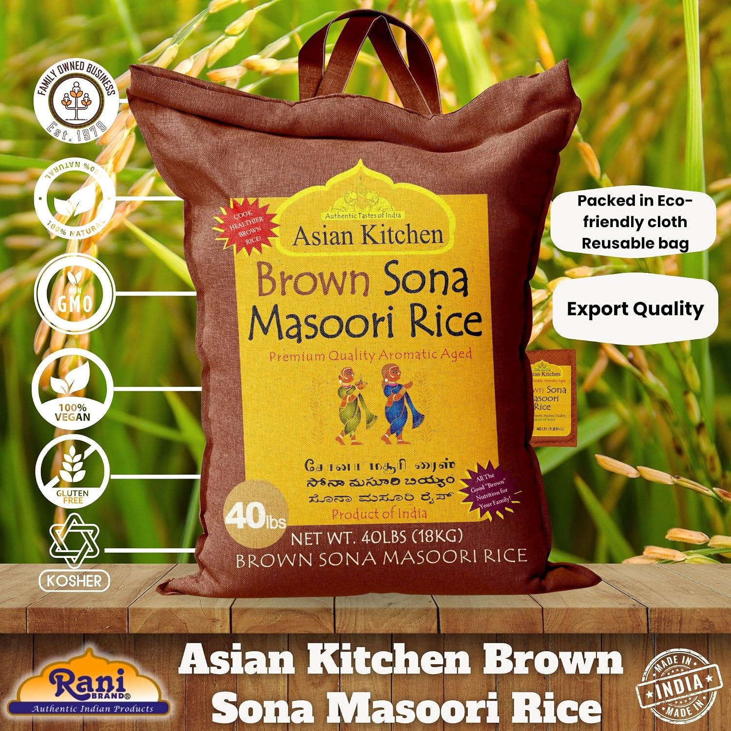 Asian Kitchen White Sona Masoori Aged Rice 20-Pound Bag, 20lbs (9.08kg) Short Grain Rice ~ All Natural | Gluten Friendly | Vegan | Kosher | Indian Origin | Export Quality
