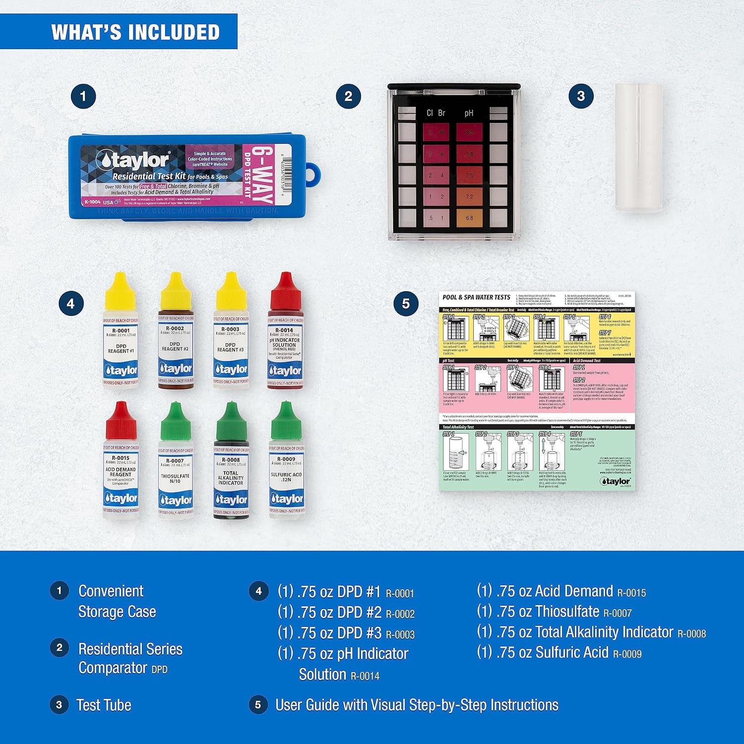 Taylor K-1004 DPD, 6-in-1 Pool Test Kit for for Free & Total Chlorine, Bromine, pH, Acid Demand, Total Alkalinity, 100+ Tests